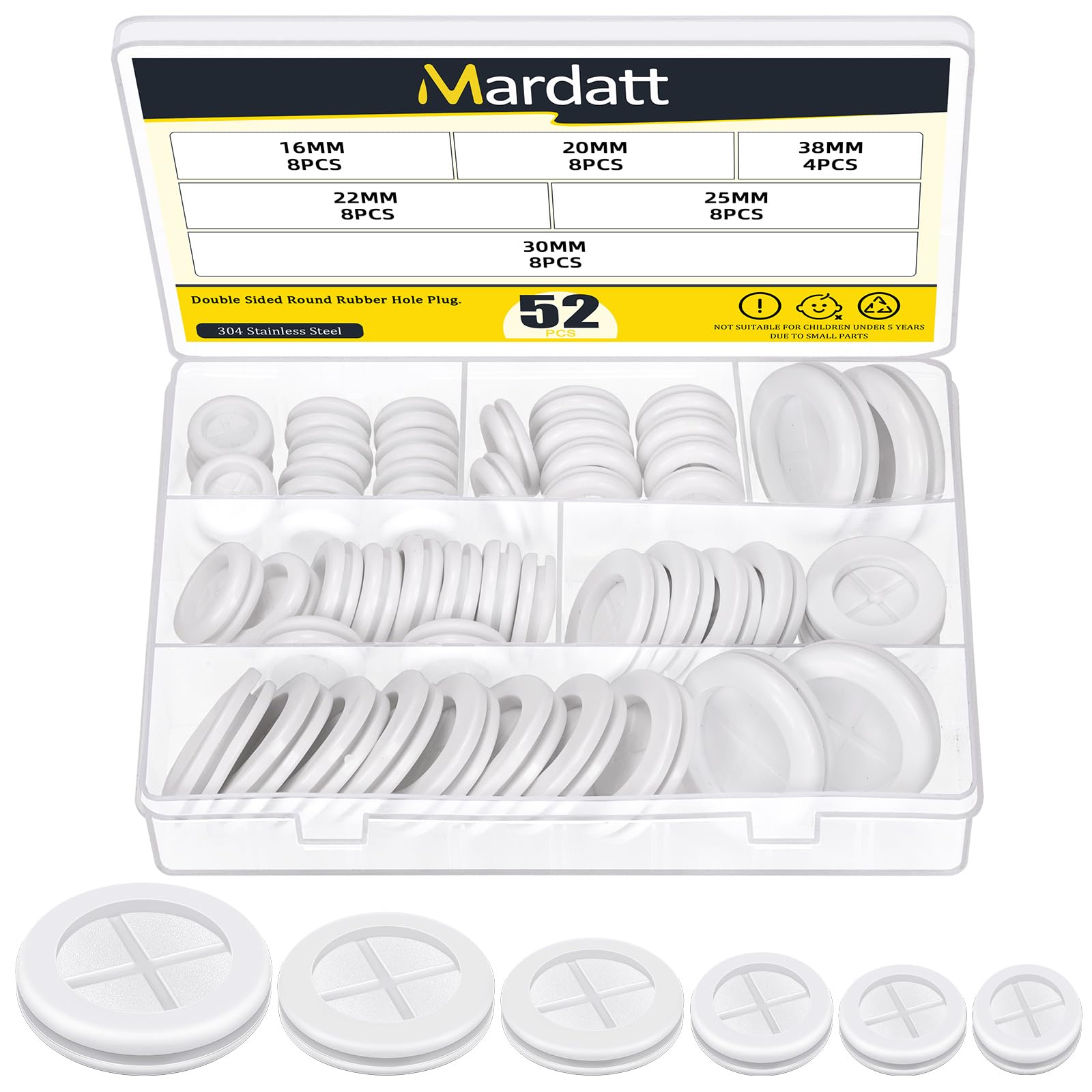 Mardatt 52Pcs Rubber Grommets Kit, 16/20/22/25/30/38mm Round Double Sided Rubber Grommet Firewall Solid Closed Hole Plug Wire Protection Grommets for Drill Hole Wire Electrical Appliance Plumbing