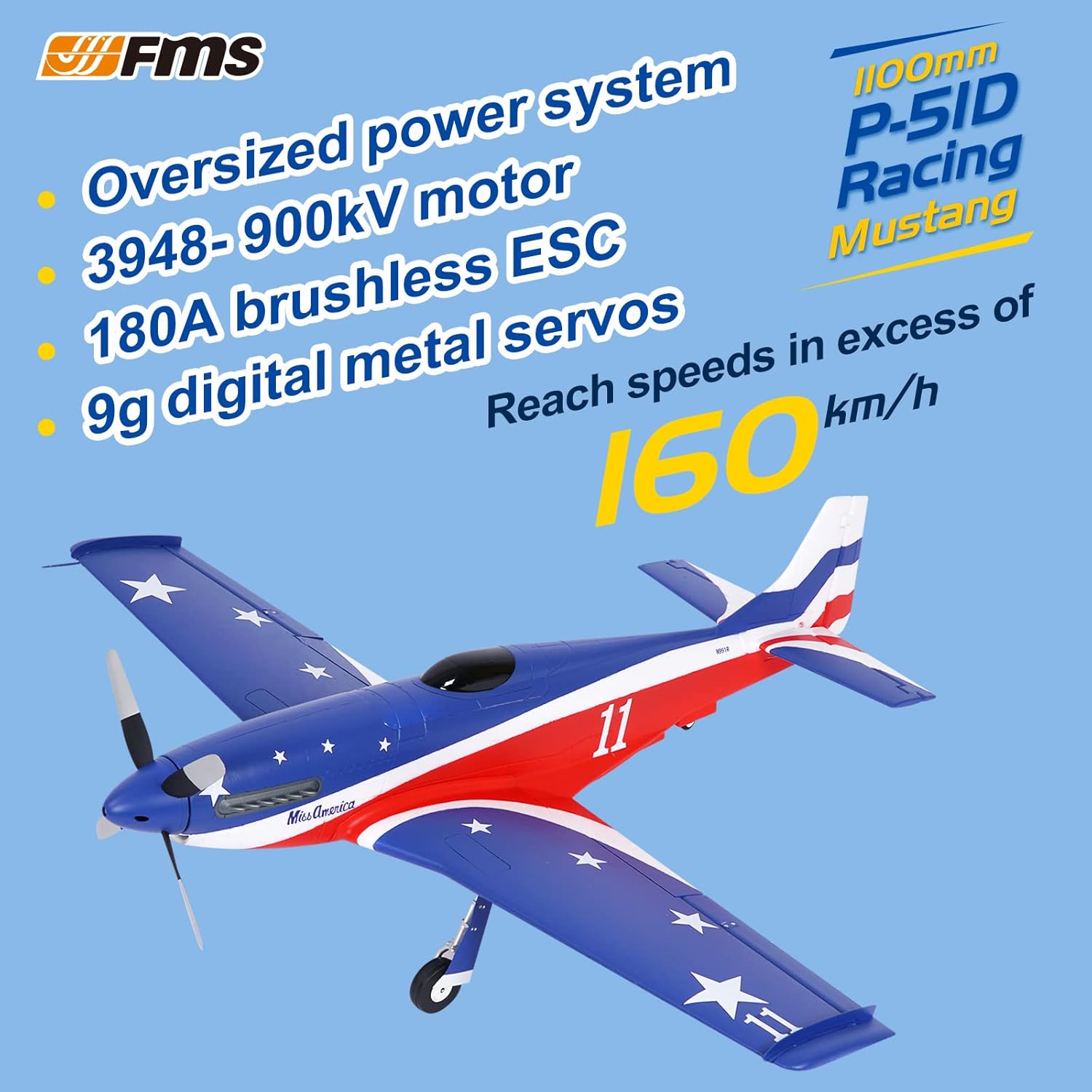 Fms Rc Plane for Adults Remote Control Airplane 1100mm P-51 MA Mustang Without Reflex V2 Hobby Rc Airplanes 6 Channel PNP (No Radio, Battery, Charger)