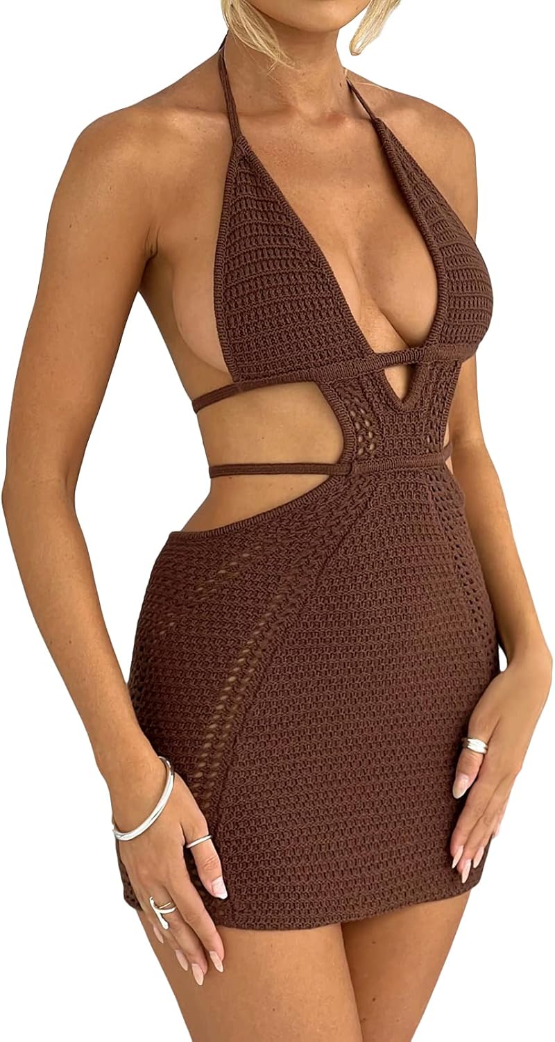 Women's Halter Bodycon Mini Dress Sleeveless Tie Backless Hollow Out Corset Knit Wrap Beach Dress Summer 2026