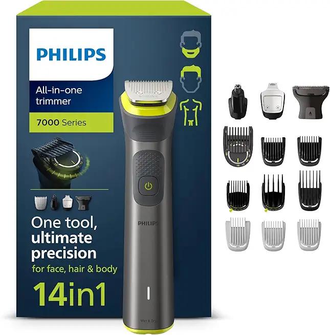 Philips Multigroom Series 7000, All-in-One-Trimmer, 14-in-1 Barttrimmer und Haarschneider für Gesicht, Kopf und Körper - ein Tool mit 21 Längeneinstellungen (0,5–16 mm) (Modell MG7930/15)