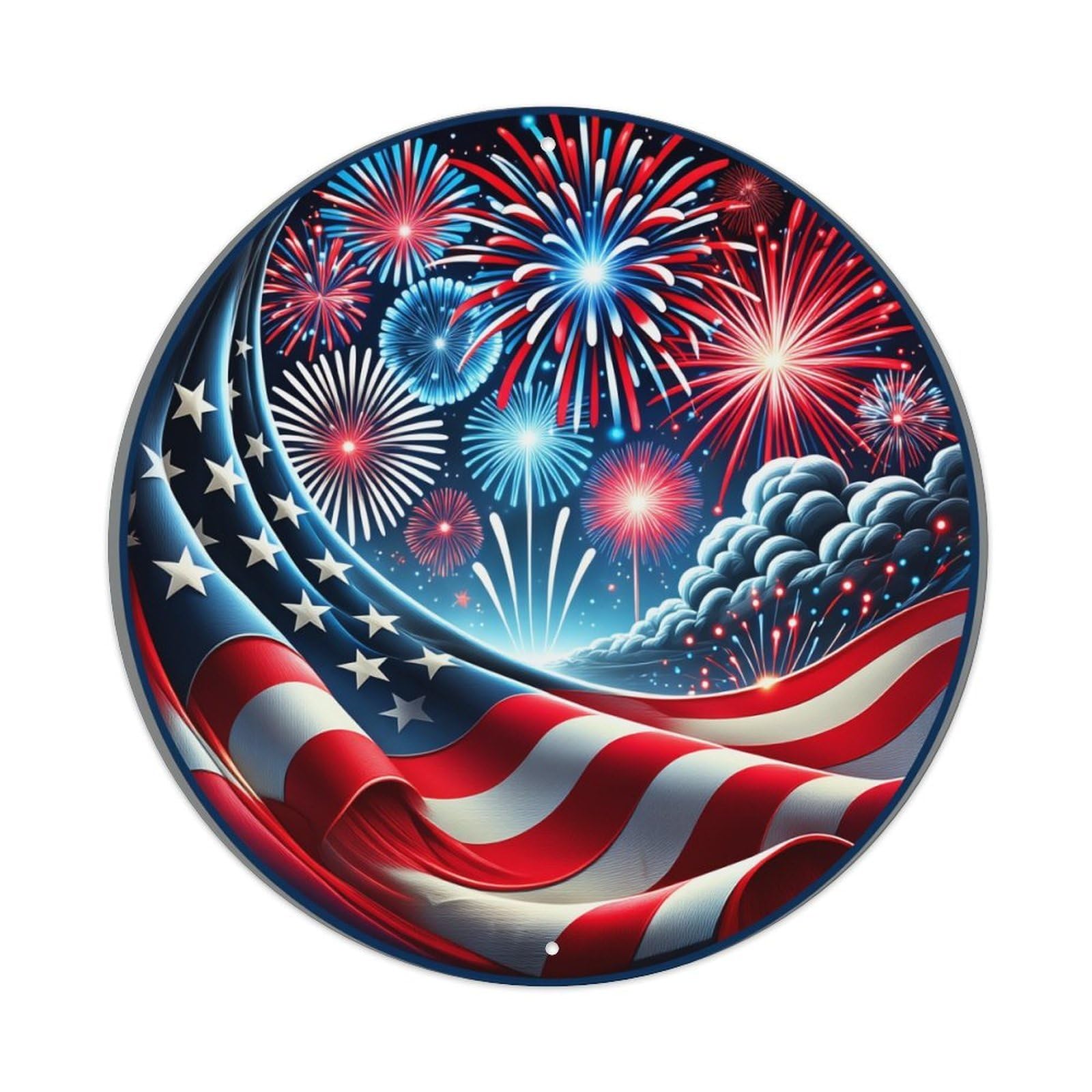 American Flag Fireworks Sky Stars Round Tin Sign Vintage Metal Poster, Home Bar Garage Man Cave Cafe Indoor & Outdoor Wall Decoration 8x8Inches