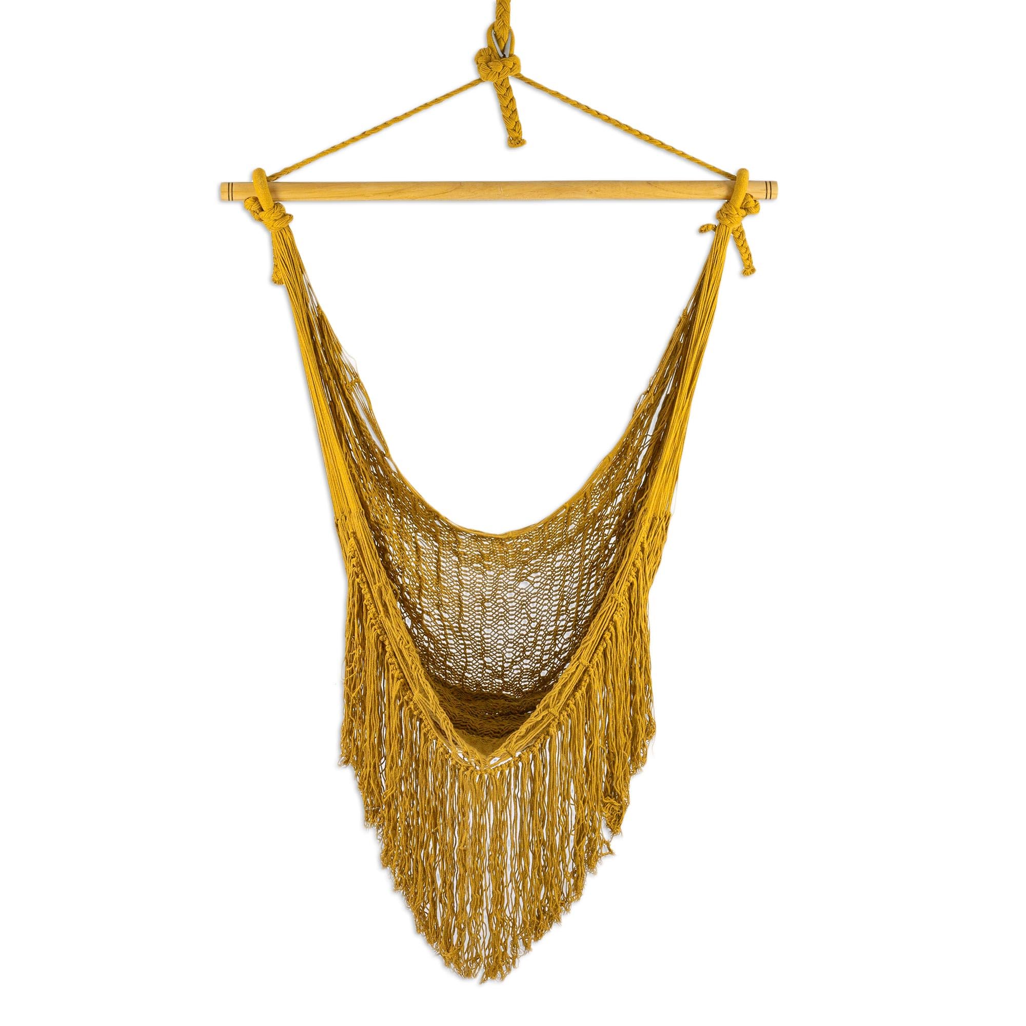 NOVICA Artisan Handwoven Cotton Rope Hammock Swing Mayan from Mexico Brown Solid Backyard Barbeque Beach Cottage Bohemian Eco Friendly Garden Party [bed Size 55in H x 39in W x 55in D Fringe 15.75in L]