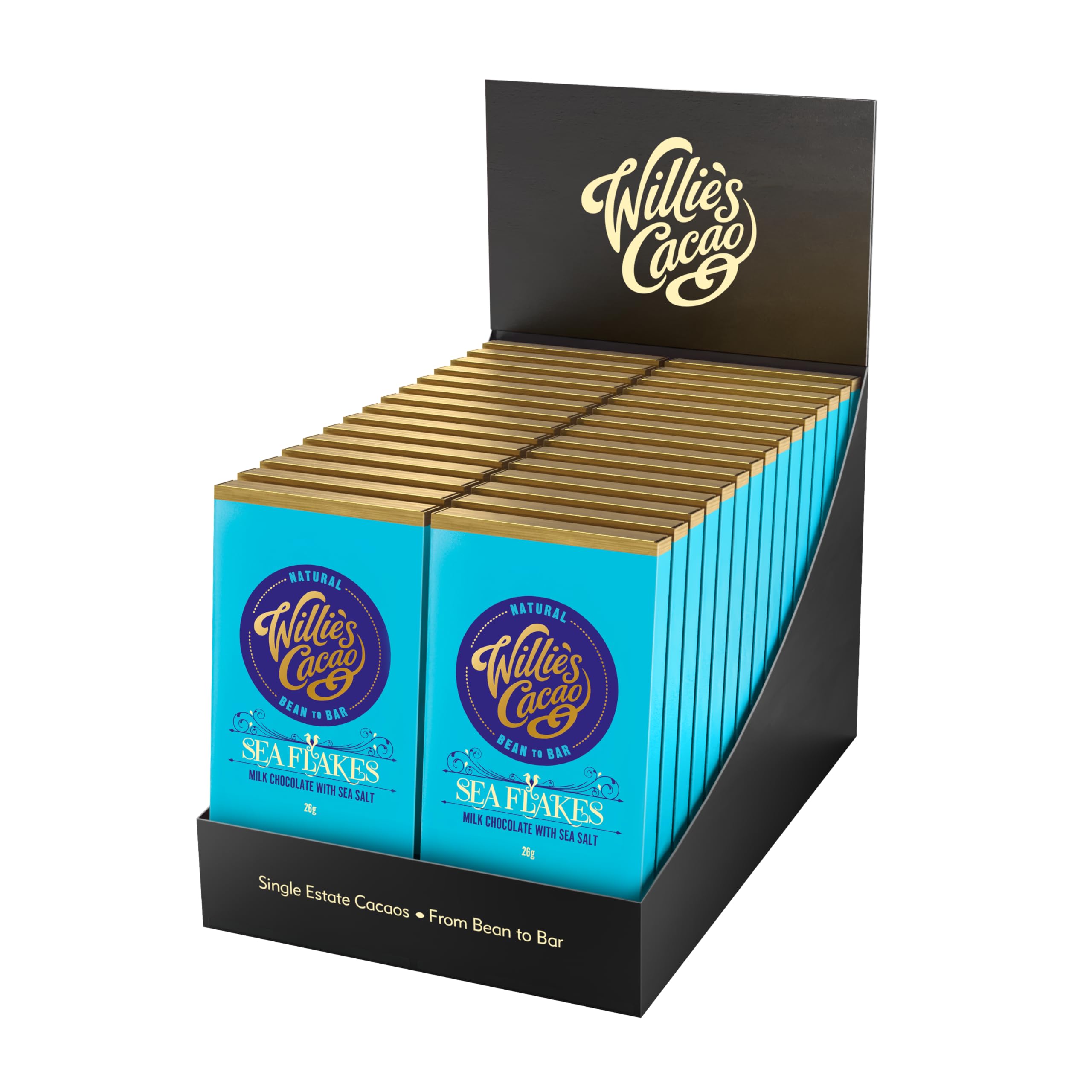 Willie's Cacao - Sea Flakes milk chocolate bar, 44% Milk Chocolate with Cornish Sea Salt - 26g x 30 - Artisan Chocolate - Bean to bar