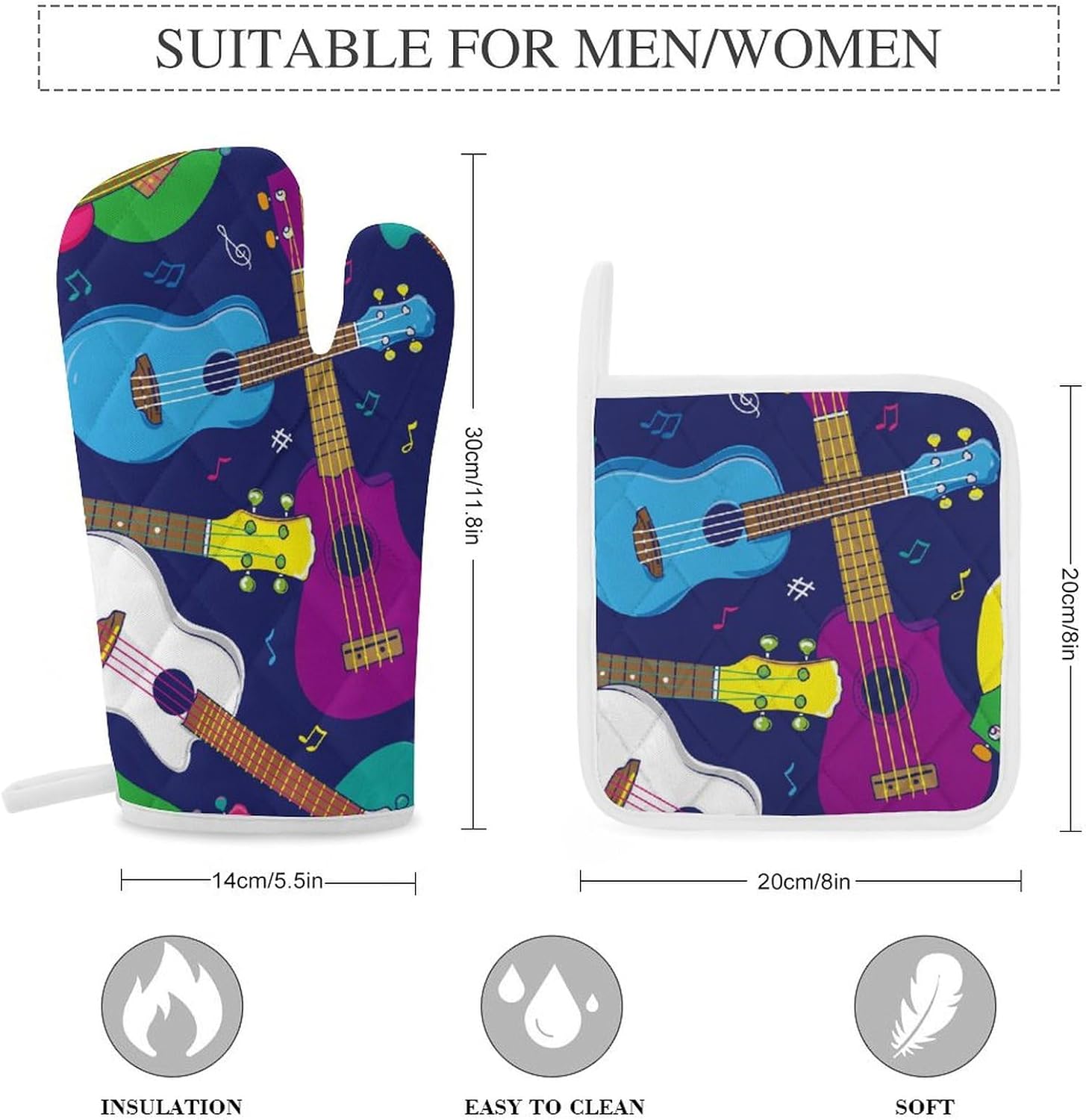 Hawaiian Beginner Ukulele Print Oven Mitts and Pot Holders 3 Piece Sets Heat Resistant Gloves Hot Pads Potholders for Kitchen Baking Cooking