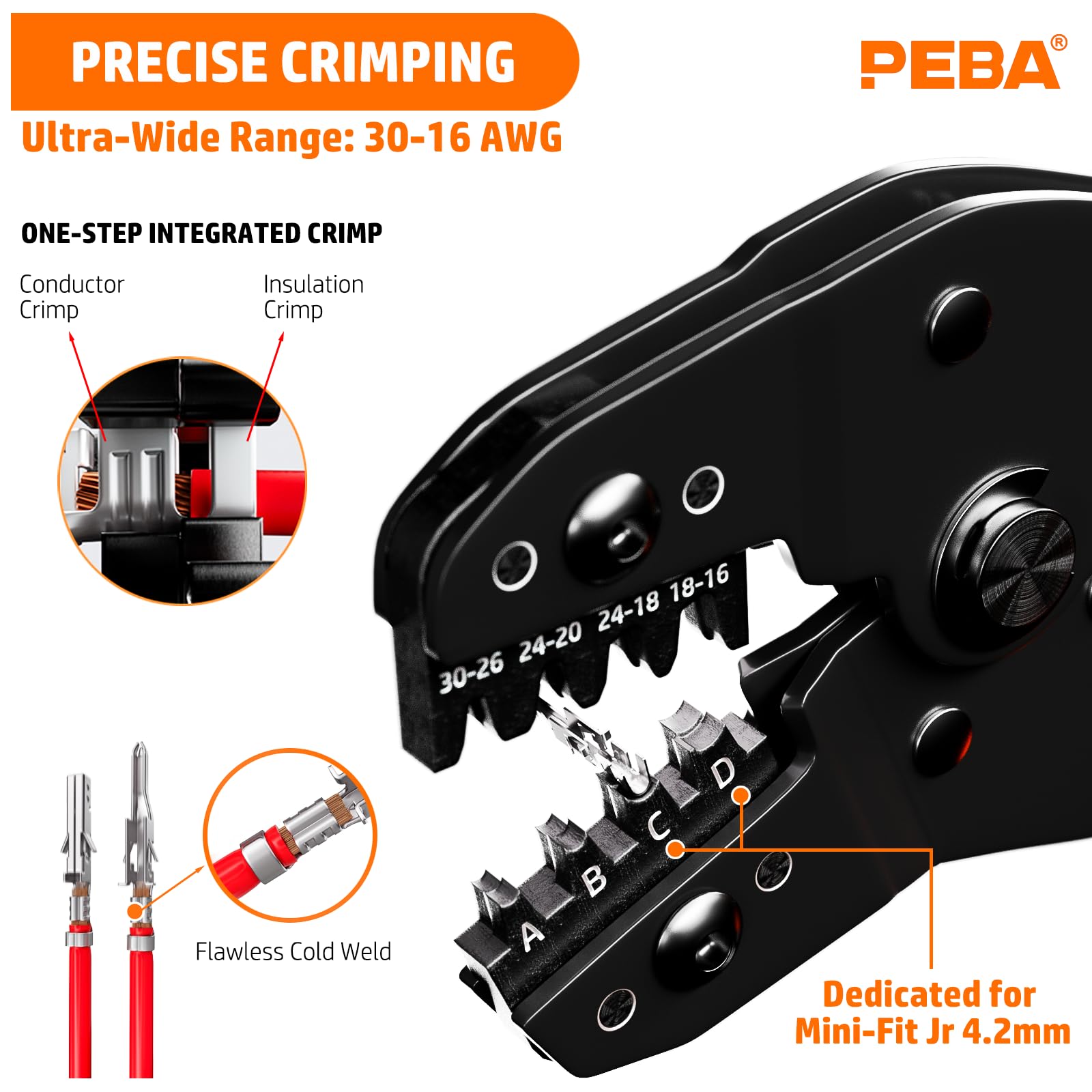PEBA Kit Crimpado Mini-Fit Jr. 4.2mm Alicate Carraca 2-10 Pines | 12 tipos de conectores compatibles 4,2 mm, crimpado 30-16 AWG para fuentes PC, GPU, ATX y montajes personalizados