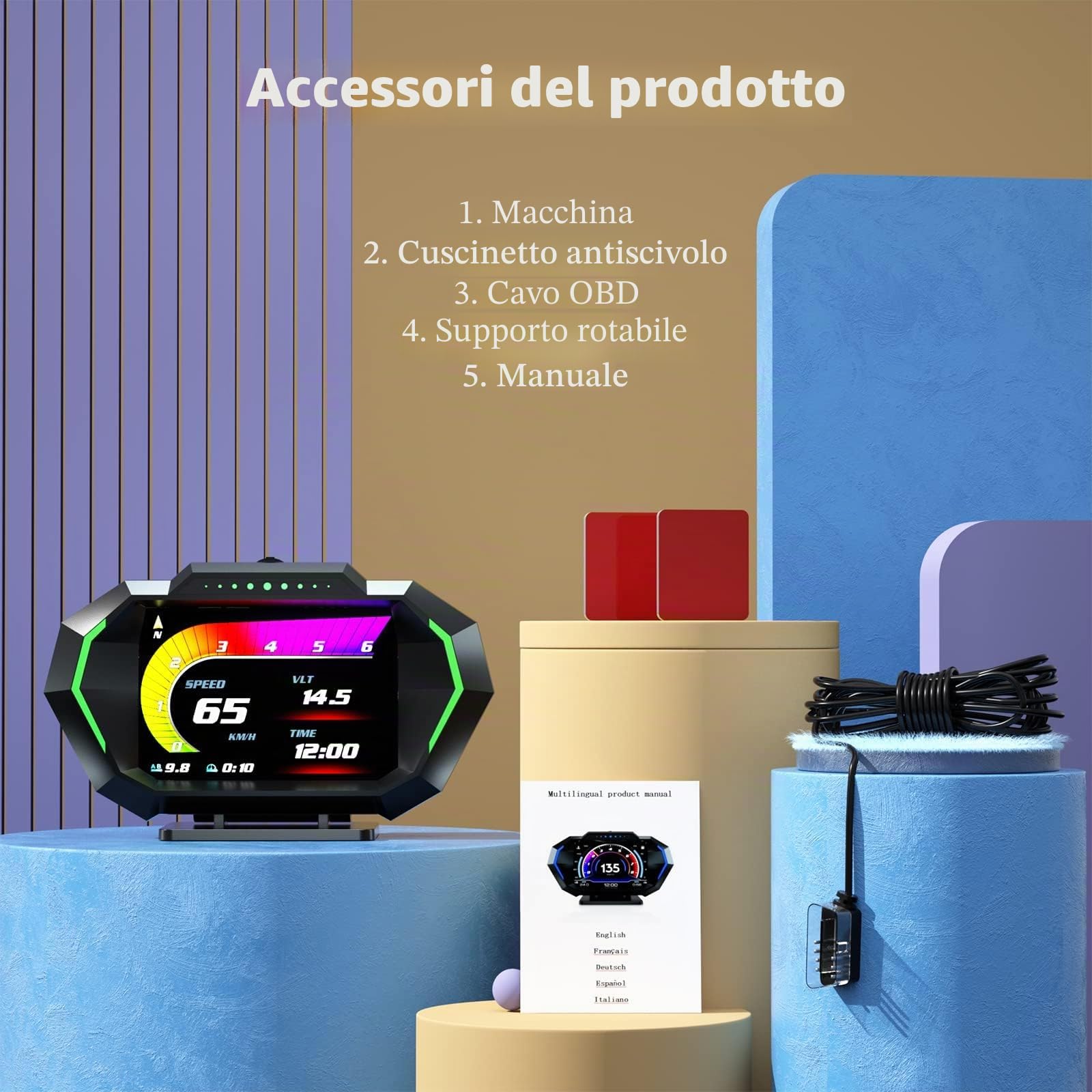 Display per auto, OBD2+GPS+modalità misuratore di pendenza, display multilingue, unità MPH e KM/H modificabili per tutte le auto