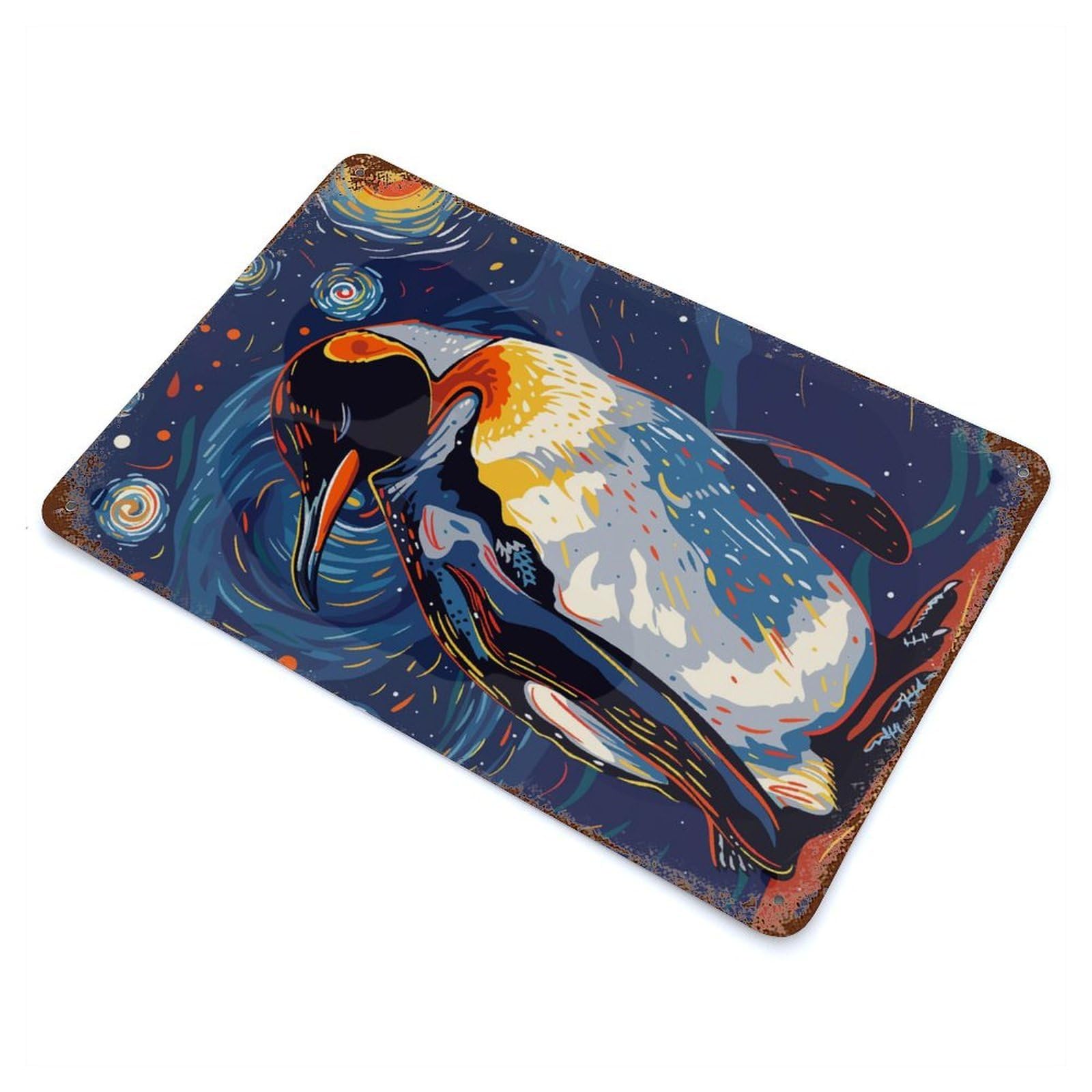 Penguin in Starry Night Style Rusty Metal Tin Sign 11.8"x7.9", for Basement, Hobby Room And Garage Decor, Retro Wall Decor