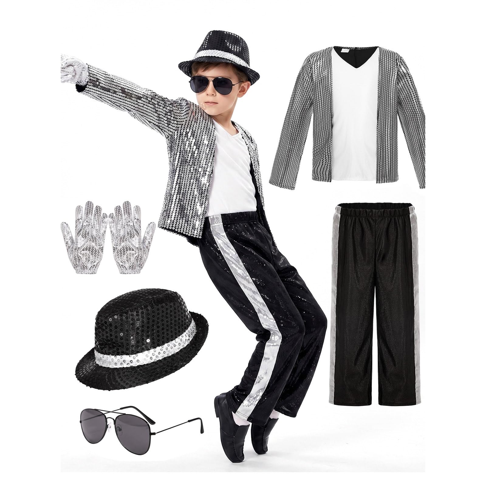 Sparkly Sequins Costume Set for Boys Kids, Retro Sequin Jacket Trousers Hat Glove, 80s 90s Stage Outfit Dance Performance, Dance Star Sparkly Fancy Dress Up, Disco Party Suit Carnival Outfits โ image 1