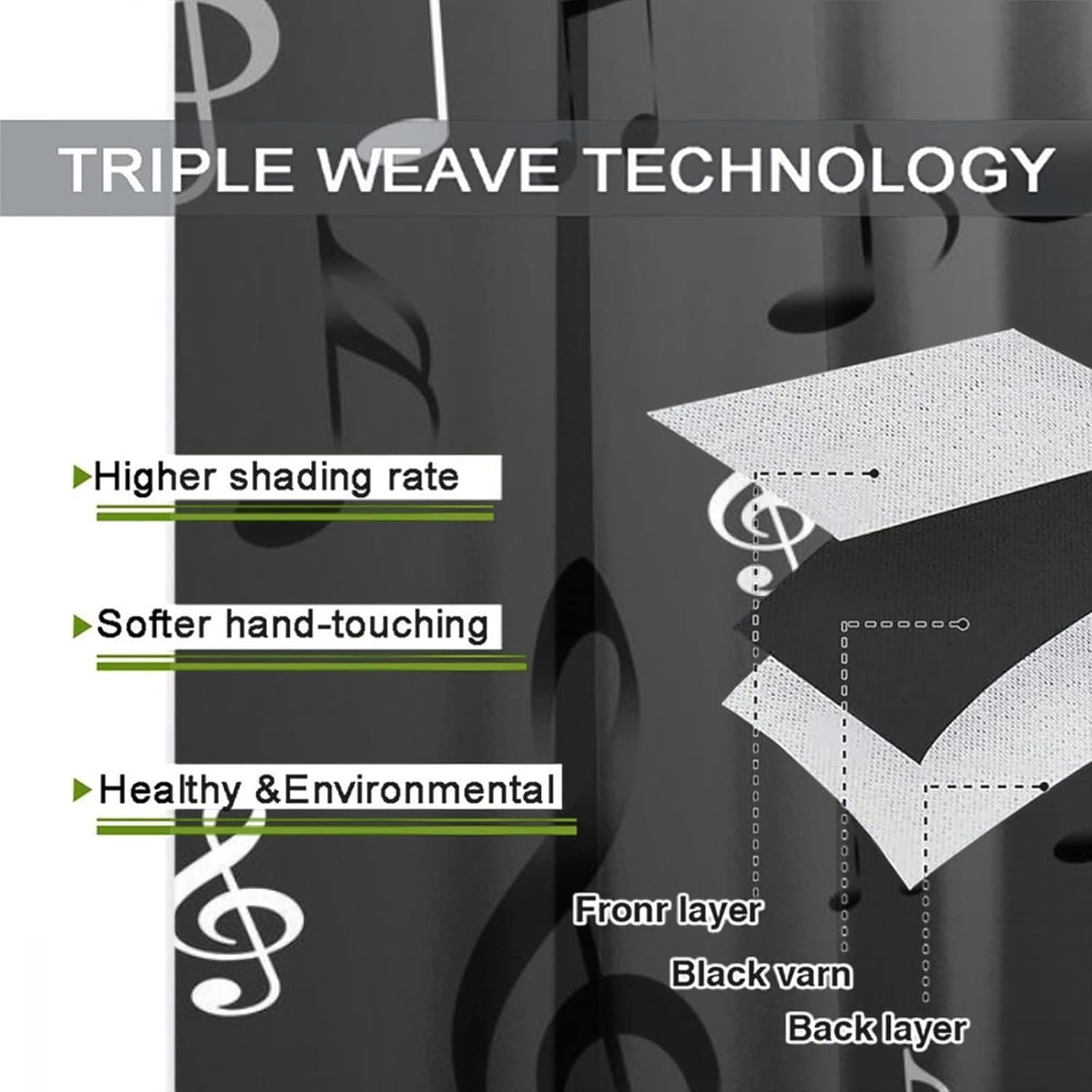 Vintage Musical Notes Theme Room Darkening Blackout Window Curtains with Grommets,Rustic Black Grey Symbol Music Design Energy Efficient Window Treatment for Living Room 2 Panels 63L x 21W