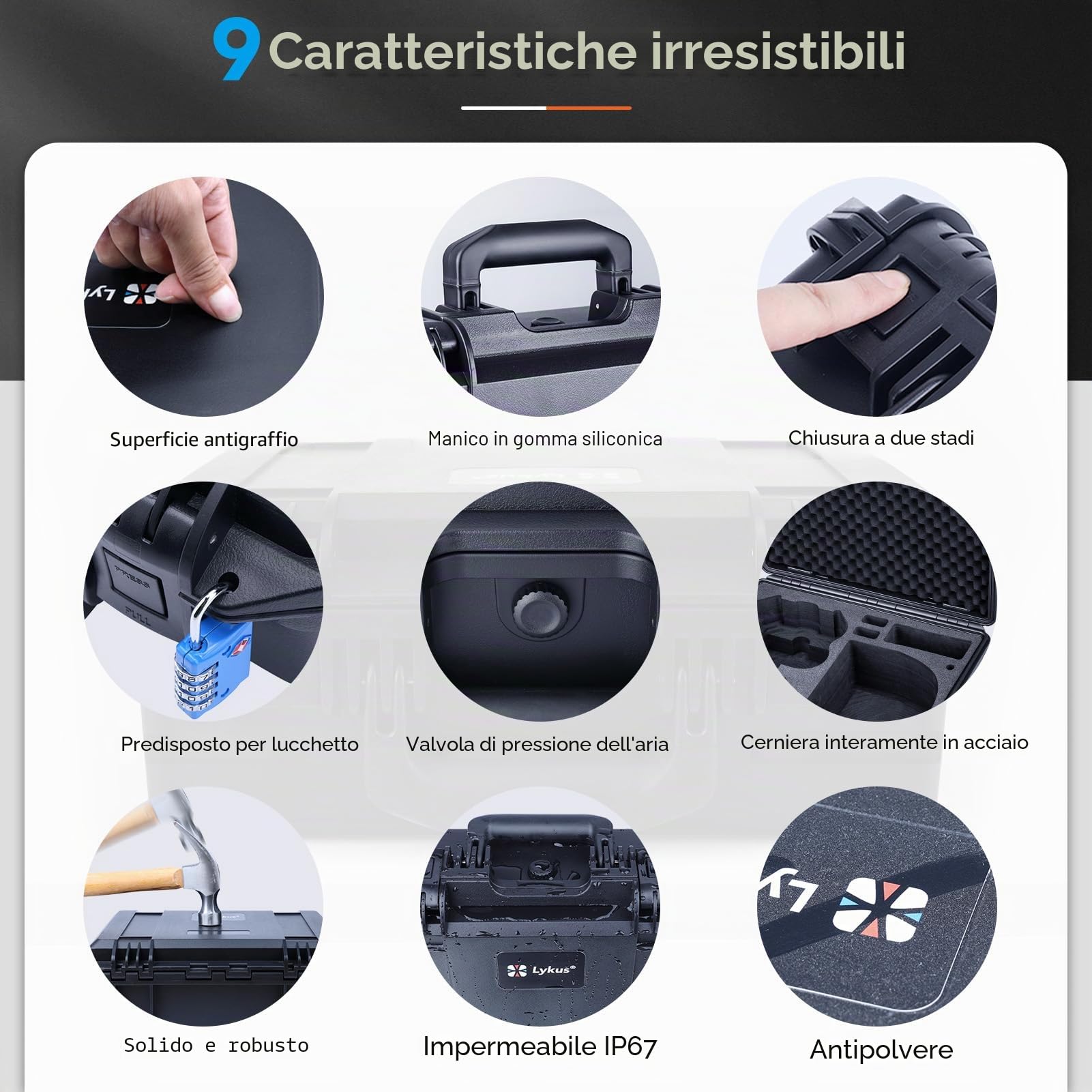 Lykus Titan N210 Valigia Custodia Case impermeabile per DJI Neo 2 Motion Combo, Goggles N3/3,RC Motion 3,FPV telecomando 3, supporta fino a 8 batterie [SOLO VALIGIA] | Solo custodia, adatta a Motion Fly More Combo, impermeabile IP67, antiurto, schiuma pre