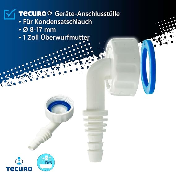 tecuro Angle Hose Nozzle for Condensate, for Drain Hose Diameter 8-17 mm, Mounting on Siphon with 1 Inch Device Outlet, Plastic, White
