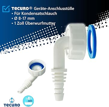 tecuro Angle Hose Nozzle for Condensate, for Drain Hose Diameter 8-17 mm, Mounting on Siphon with 1 Inch Device Outlet, Plastic, White