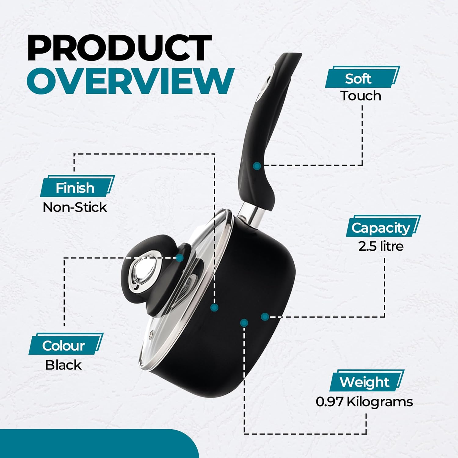 Premium 18cm Non-Stick Saucepan with Glass Lid, 2.5L Capacity, Soft Touch Handle, Steam Vent, Induction & All Hob Compatible, Dishwasher Safe, 2.5mm Pressed Aluminium