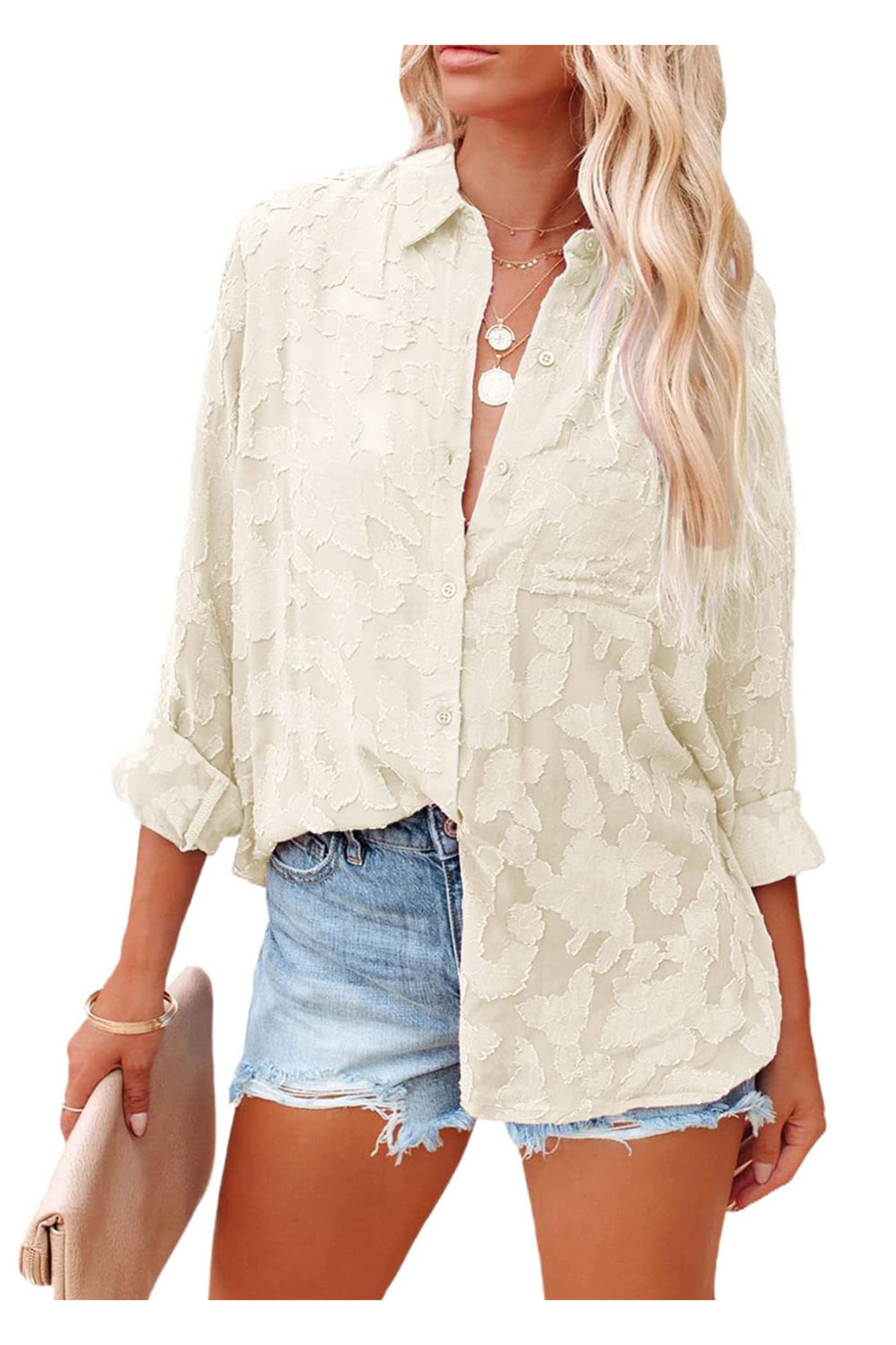 PRETTYGARDENWomen's Chiffon Blouse Solid Color Long Sleeve Button Down Elegant Jacquard Shirts Tops