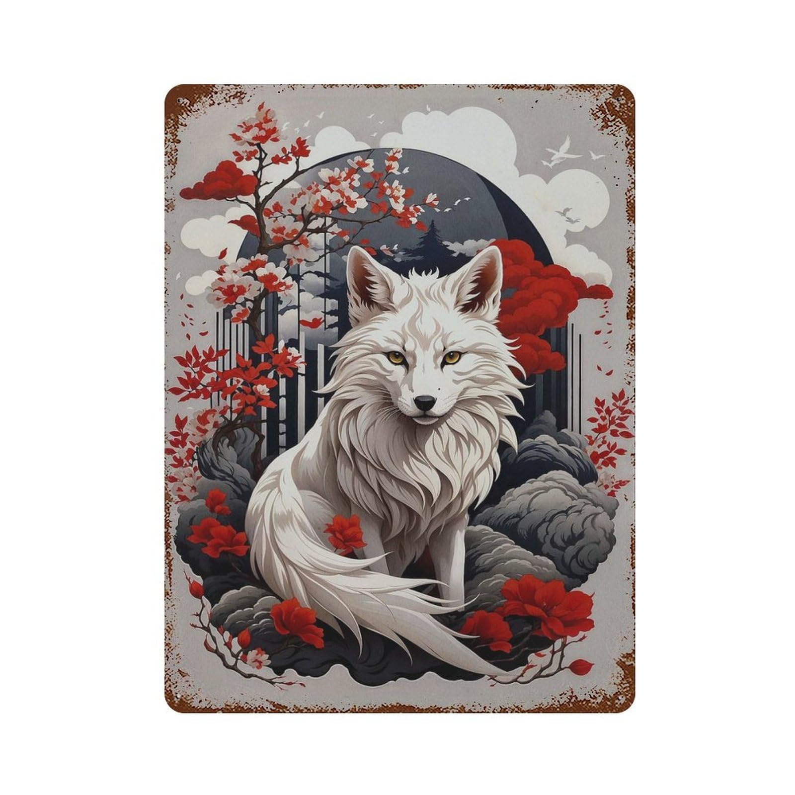 Aged Metal Wall Plaque with Cherry Blossom Wolf Design 15.7"x11.8", for Basement, Hobby Room And Garage Decor, Farmhouse Wall Decor