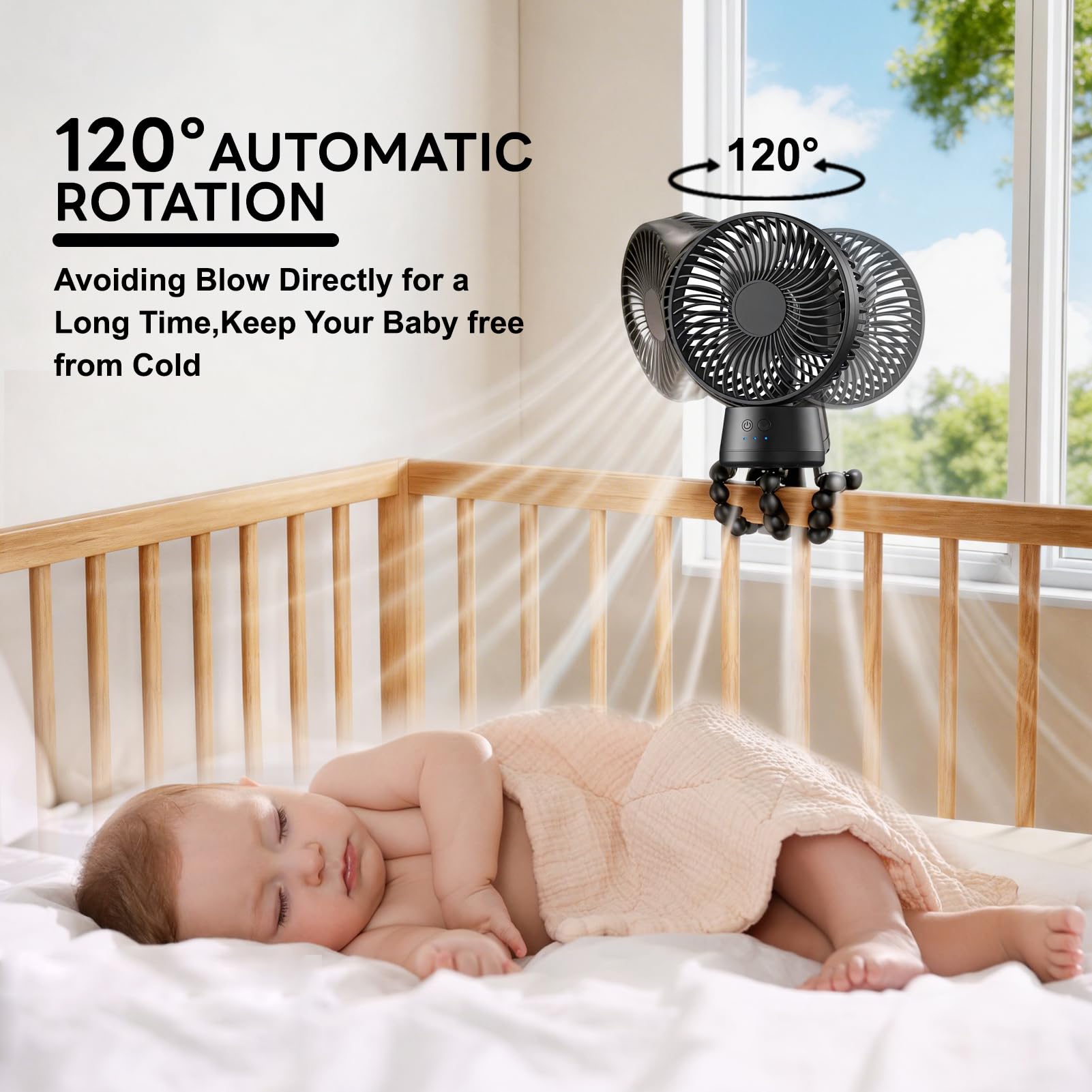 10000 mAh Ventilatore Passeggino, Oscillazione Automatica | Ventilatore Portatile Passeggino con Luce Notturna,3 Velocità,Treppiede Flessibile,Ventilatore Silenzioso,Nero