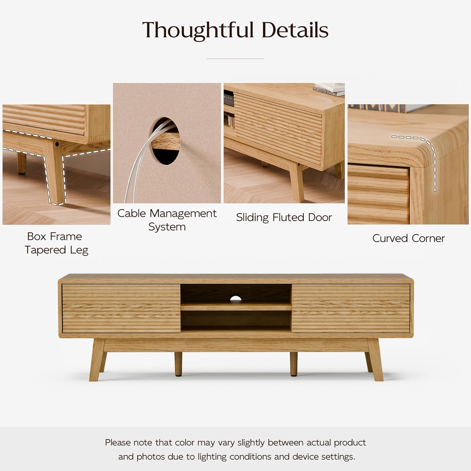 TOLEAD 59" TV Stand, Mid Century Modern Television Stand for 43/55/65 inch TV, Low Profile TV Console with Fluted Sliding Doors, Boho Light Wood Credenza for Living Room, Oak - Image 9