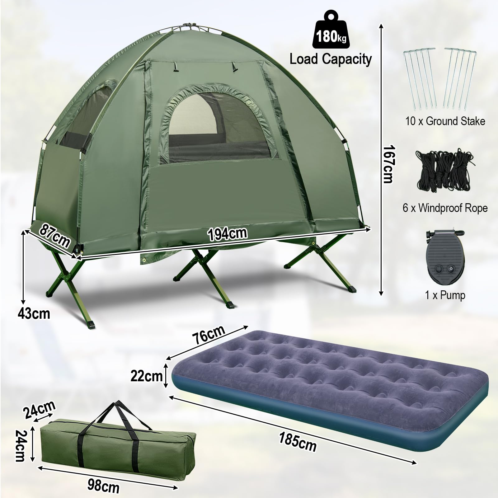 SOARS Feldbett mit Zelt, Campingzelt wetterfest, Campingbett | Campingliege klappbar mit Luftmatratze, Schlafsäcken, Kissen & Rolltasche, Zeltbett für Camping, Picknick, Wandern & Angeln