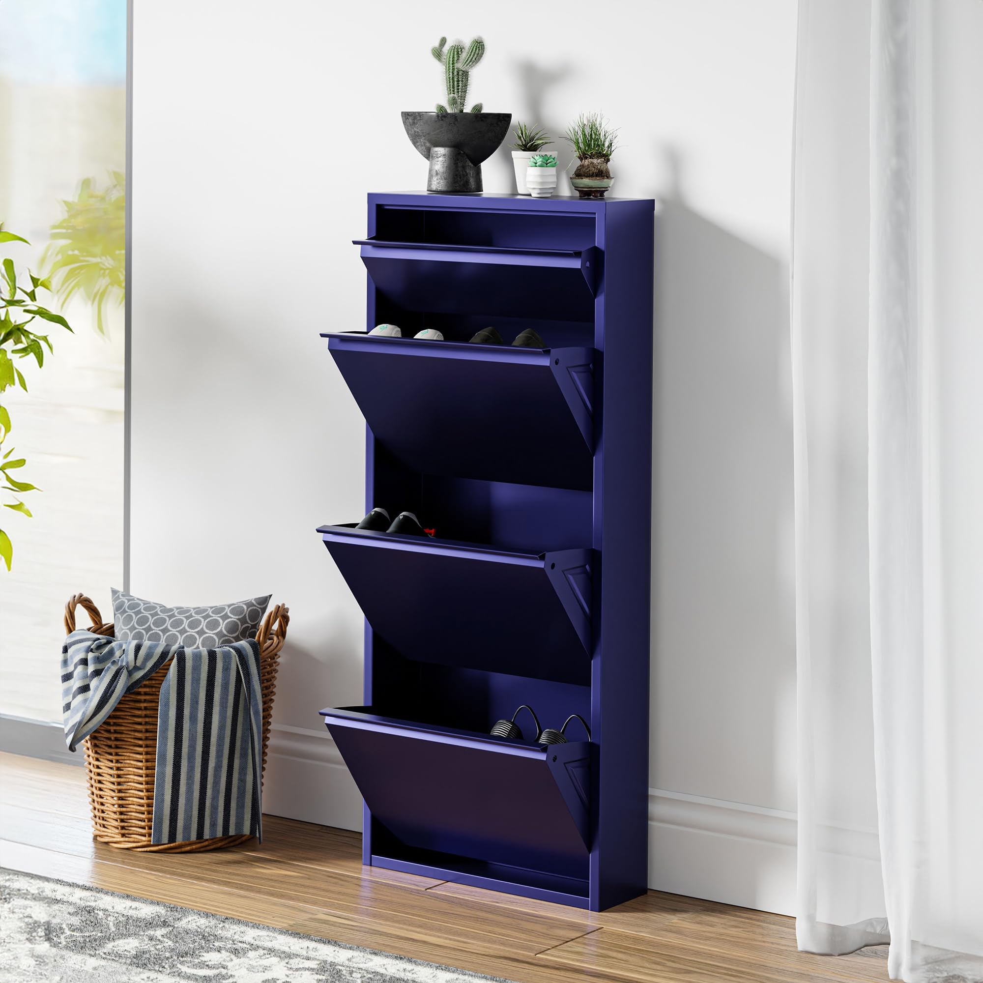 en.casa] Schuhschrank Sokndal Schuhkipper mit 4 Klappen Metall Schuhkommode für 6 Paar Schuhe 118 x 50 x 15 cm Nachtblau Küche, Haushalt & Wohnen