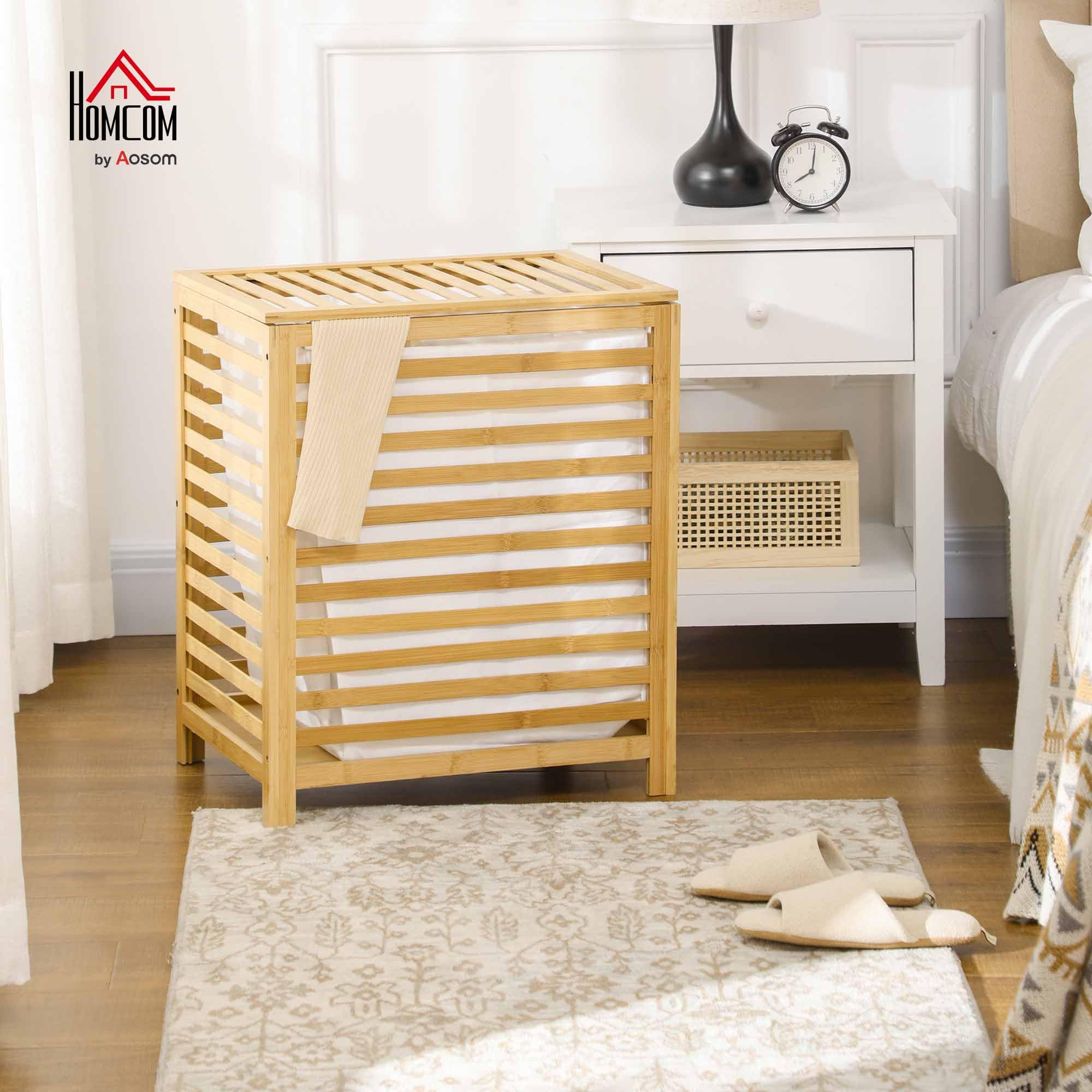 HOMCOM Cesto para Ropa Sucia de Bambú Capacidad de 55L Cesta para la Colada con Tapa 2 Asas y Bolsa Extraíble Forma Rectangular 50x36x60 cm Natural