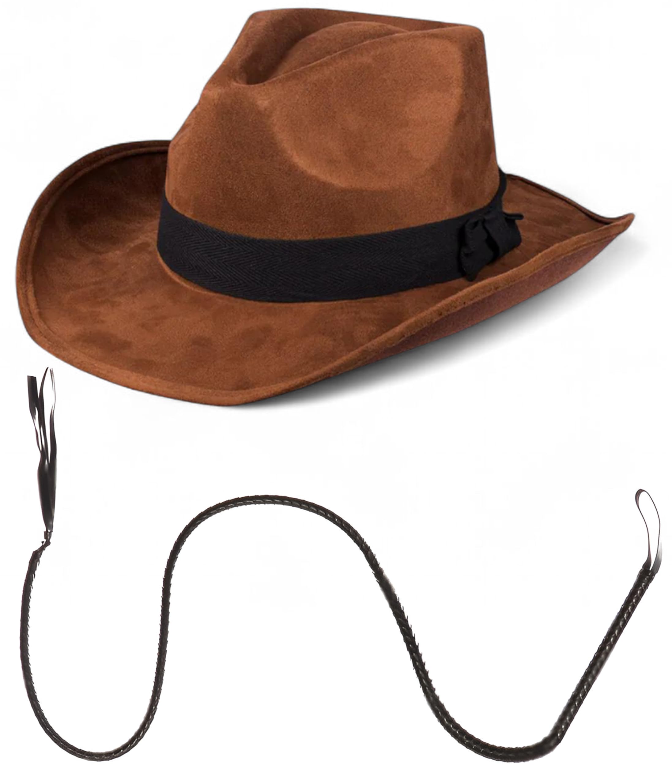Indiana Jones Style Brown Explorer Hat and Bull Whip Fancy Dress Accessories