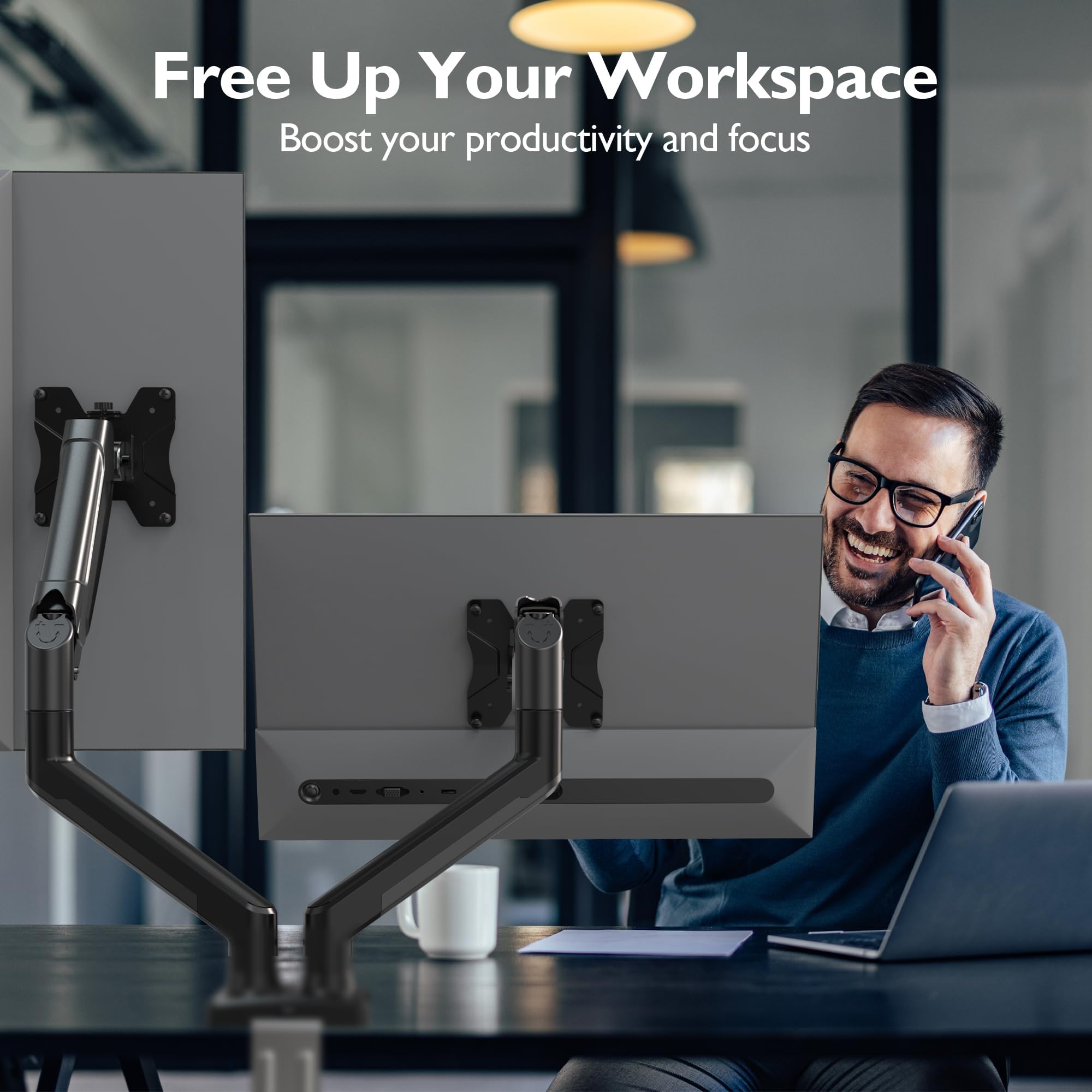 BONTEC Dual Monitor Stand, Adjustable Gas Spring Monitor Desk Mount for 13-32 Inch Screens, Full Motion VESA Mount with C Clamp, Grommet Base, Tilt, Swivel, Rotation, Each Arm Holds 6.6 to 19.8lbs