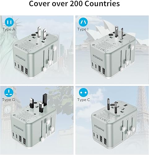 Miniatura 6 de MOMAX Adaptador de viaje universal adaptador de enchufe de viaje GaN de 65 W con enchufes UKEUAUUS cargador adaptador internacional 3USB-C PD y