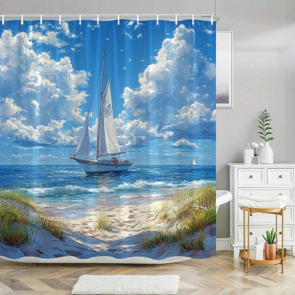 GLWDMB 1 Piece 150x180CM Serene Coastal Sailboat Printed Shower Curtain With Hook, Polyester, for Windows And Walls, Bathtub, Bathroom, Machine Washable, All Season Universal