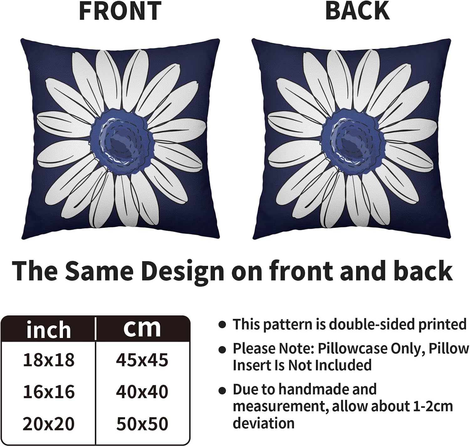 Daisy Pillow Covers 24X24 Set of 2, Navy Blue White Spring Summer Flower Print Decorative Throw Pillow Covers Outdoor Farmhouse Floral Seasonal Cushion Cases Couch Sofa Bed Decor