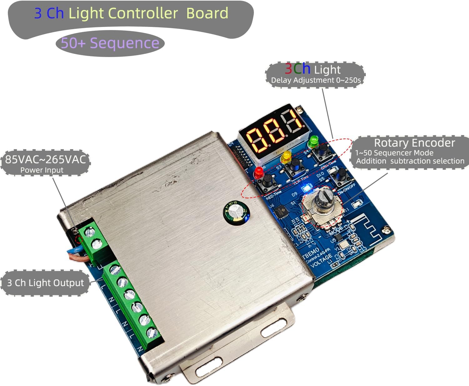 Remote 3 Channel Light Controller Sequencer with 50+ Modes 110/240V AC Easy to Program and Fix Installation Smart Digital Display Microcontroller