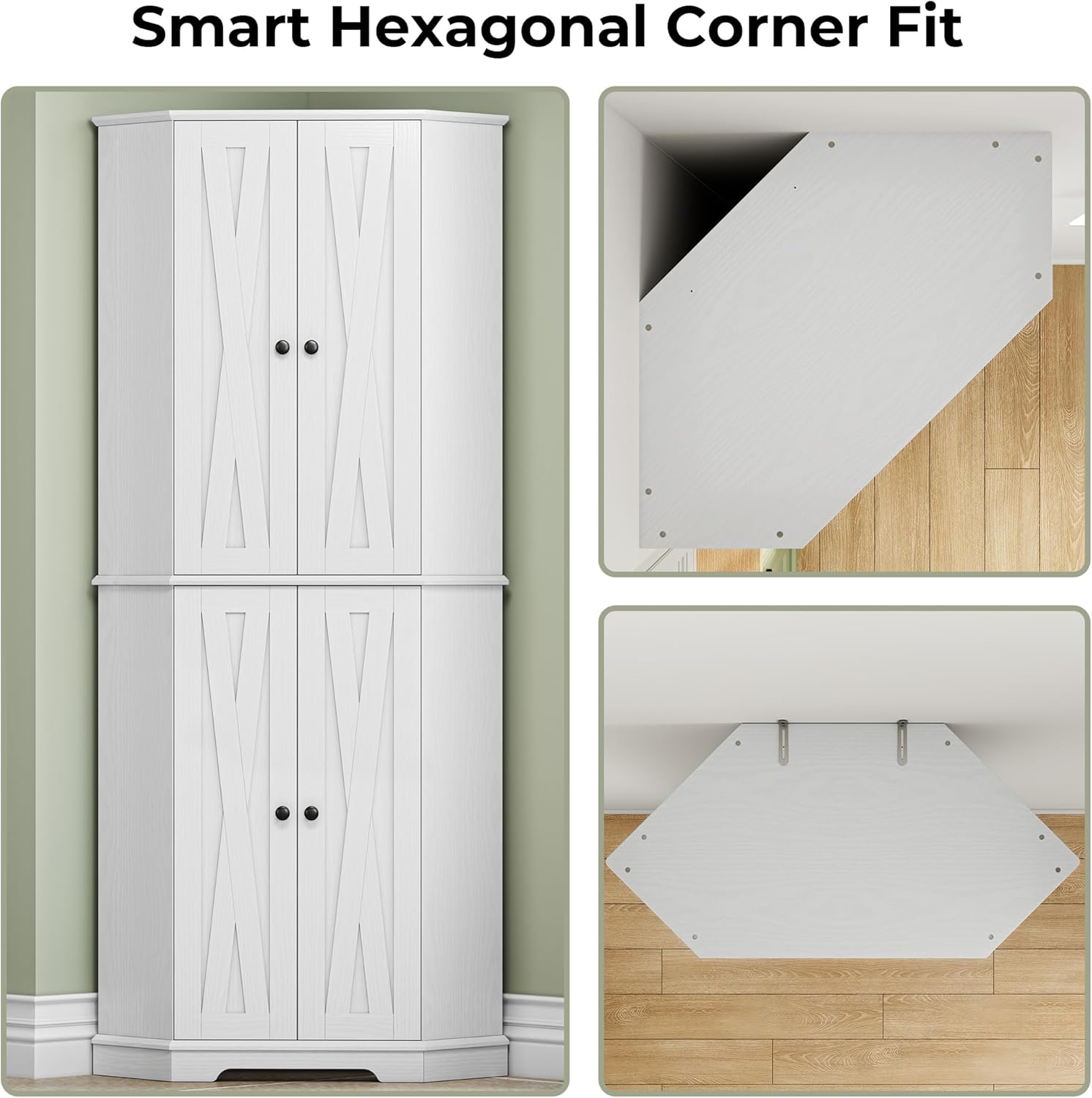 IRONCK Corner Cabinet, 72" H Kitchen Pantry Storage Cabinet, 4 Barn Doors with Storage Rack, 4 Adjustable Shelves, 6-Tier Tall Food Pantry Cabinet, Farmhouse Hutch for Kitchen Dining Room, White