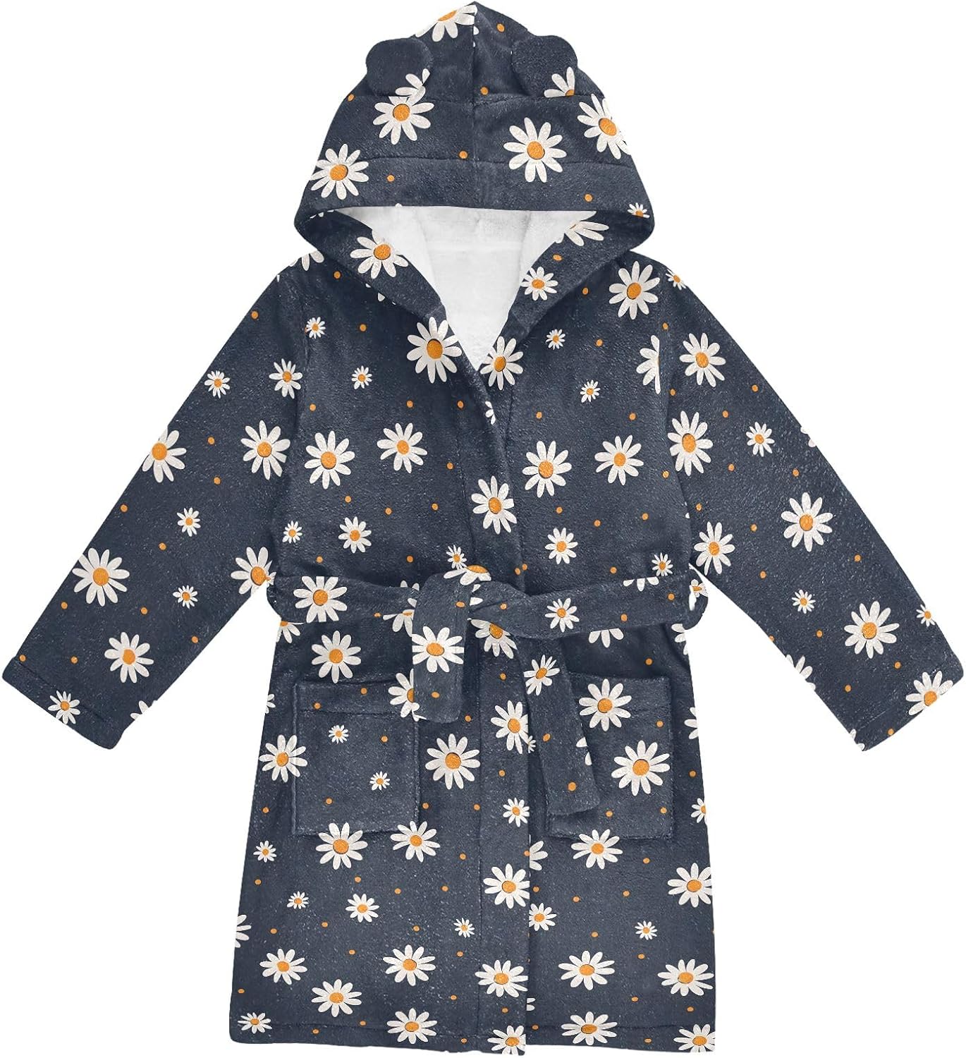 Cute Little Ditsy Daisy Print Toddler Hooded Bathrobe for Boys Girls Soft Plush Bath Towel Robe 2-12 Years