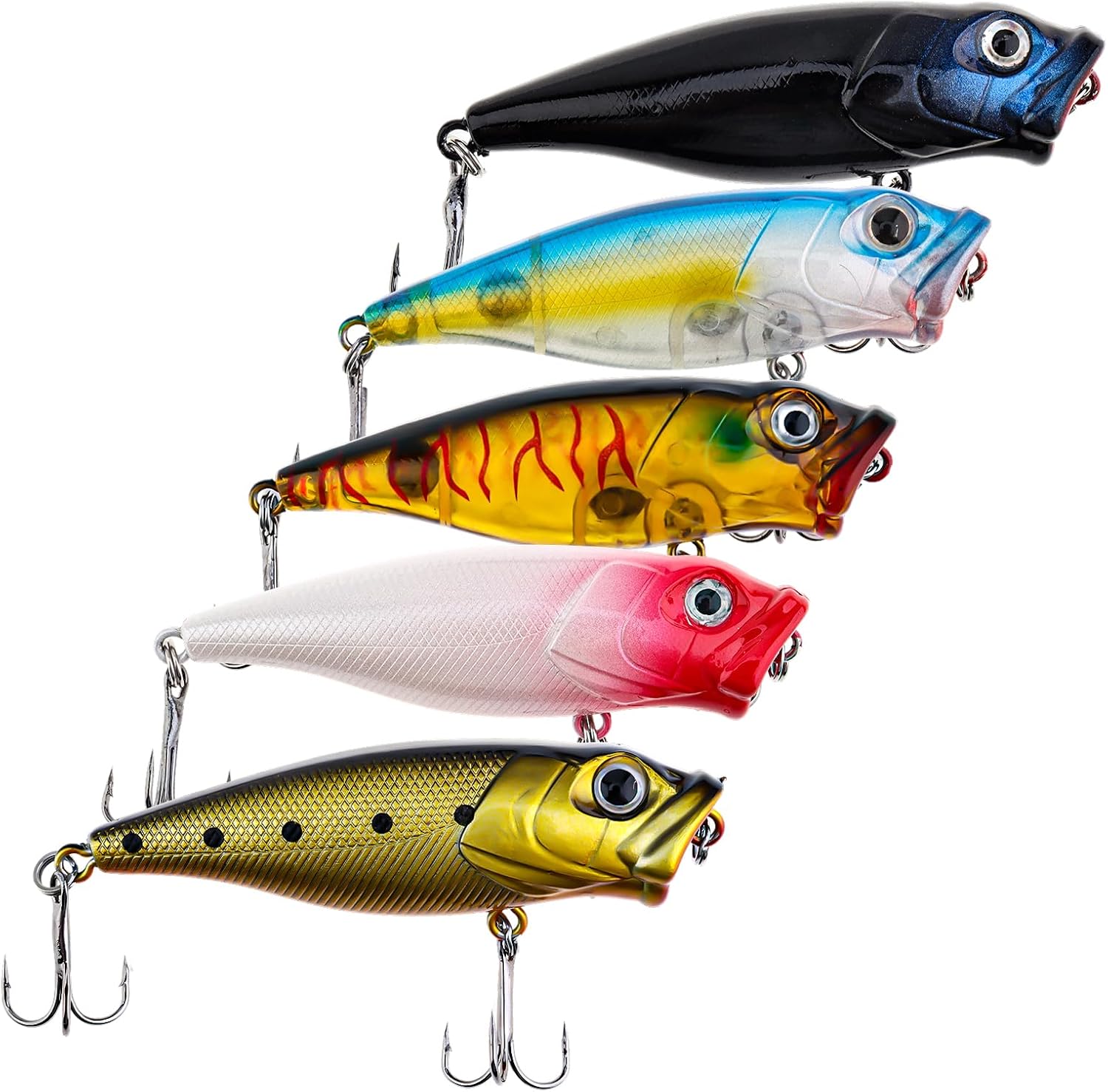 5 peças de iscas de pesca, iscas rígidas de robalo com olhos 3D, iscas de pesca de robalo Topwater