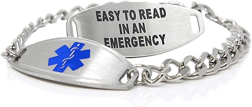 Miniatura 9 de Pulsera de Alerta Médica de Acero Inoxidable con Grabado Personalizado Gratuito y Tarjeta de Identificación, Cadena Barbada