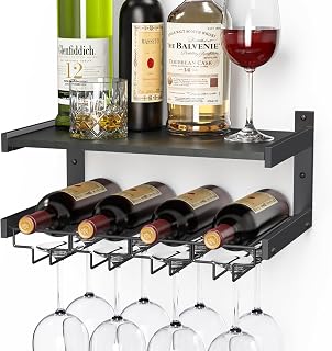 B4Life Wine Rack Wall Mounted with Stemware Hanger, Wine Glass Holder Industrial, Glass Bottle Shelf for Wall, Floating Shelves with Storage, Liquor Bottle Holder for Bar Shelves, Kitchen(Black, 1)