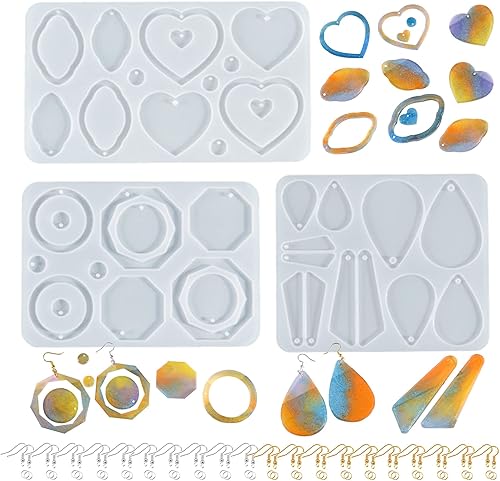 Moldes de resina para aretes, paquete de 3 moldes de resina para aretes, moldes de silicona para joyería con ganchos para aretes y anillos de salto