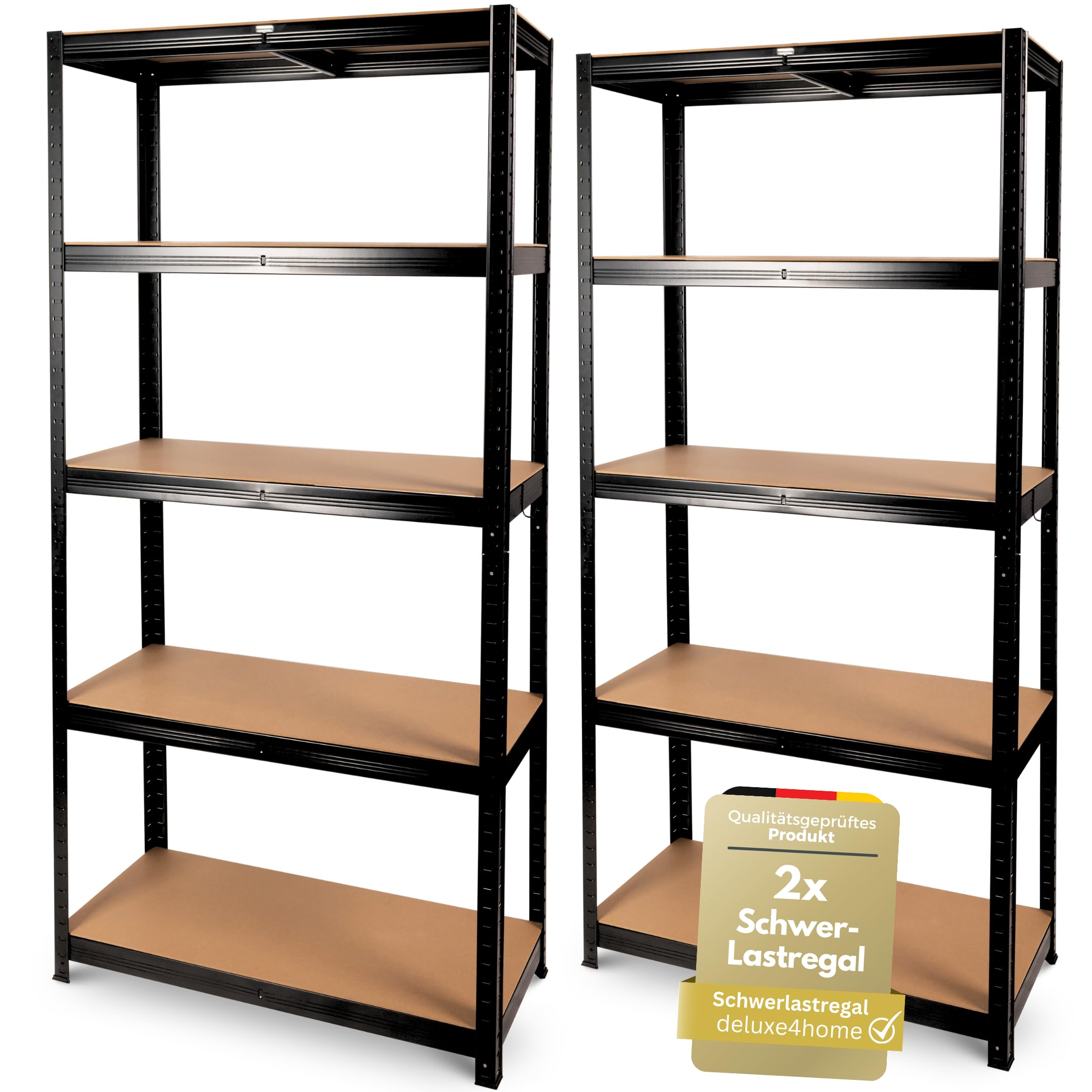 casa Pura Set van 2 zware planken, 40 x 90 x 180 cm, met frame van staal, maximale belasting: 875 kg, 5 verstelbare planken, zwart