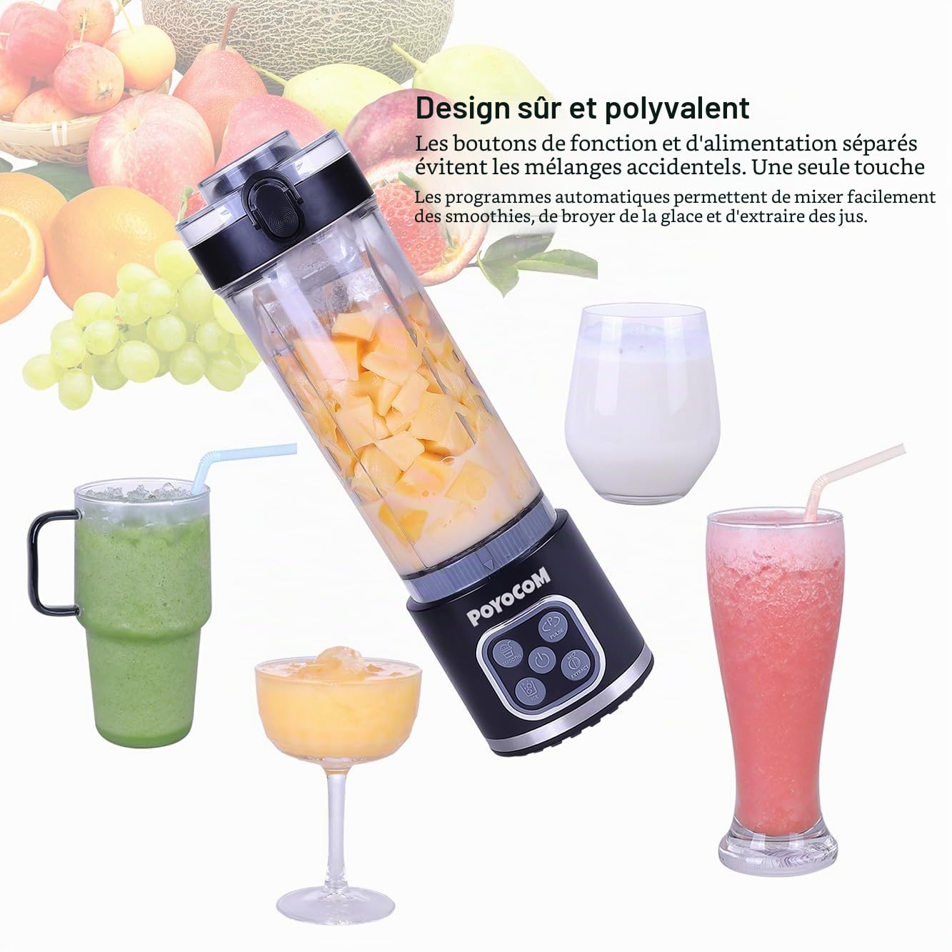 Mélangeur mini sans fil, récipient amovible de 739 ml, puissant mélangeur portable, pour smoothies, broyage de glace, 4 programmes, couvercle anti-fuites et bec verseur, rechargeable par USB-C