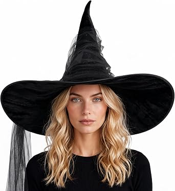 MCJC Witch Hat for Women, Wide Brim Halloween Wizard Hat with Tulle Veil