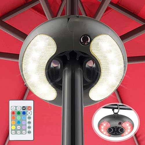 Vista 23 de Luz de sombrilla funciona con pilas, 16 luces RGB que cambian de color para sombrilla de patio con control remoto, luces exteriores debajo