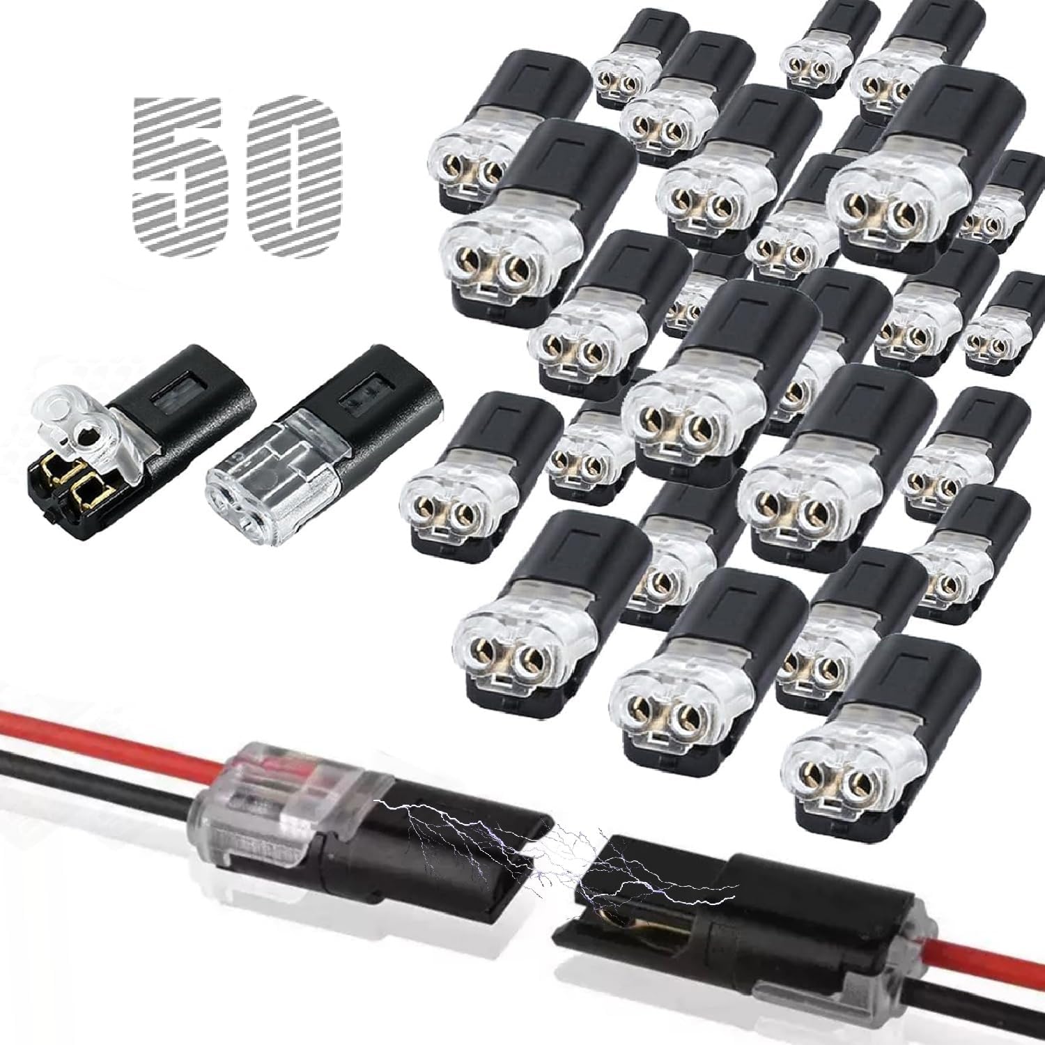 50 Pcs Double Wire Plug in Connector with Locking Buckle, Quick-Clip Fasteners Multi-Purpose Snap-On Blocks for Strip Lights DIY Crafting, Low-Voltage Decor & Model Kits 2 Pin