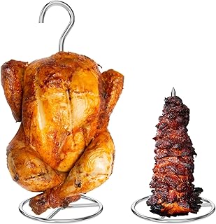 Vertical Skewer Turkey Fryer Stand Kit, Al Pastor Skewer with Removable Size Spikes (1 Base, 1 Skewers and 1 Chicken Hangers), Turkey Hanger Chicken Rack for Grill Meat, Stainless Steel