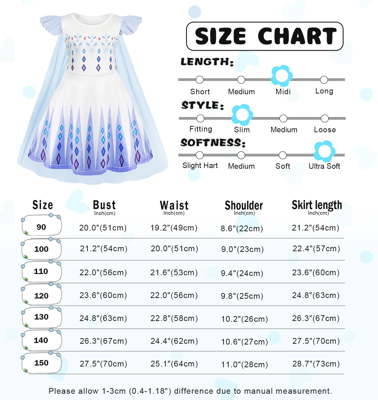 Jurebecia Princess Dress Fancy Dress with Cape Princess Costume for Halloween Chrismas White 7-8 Years - Image 3