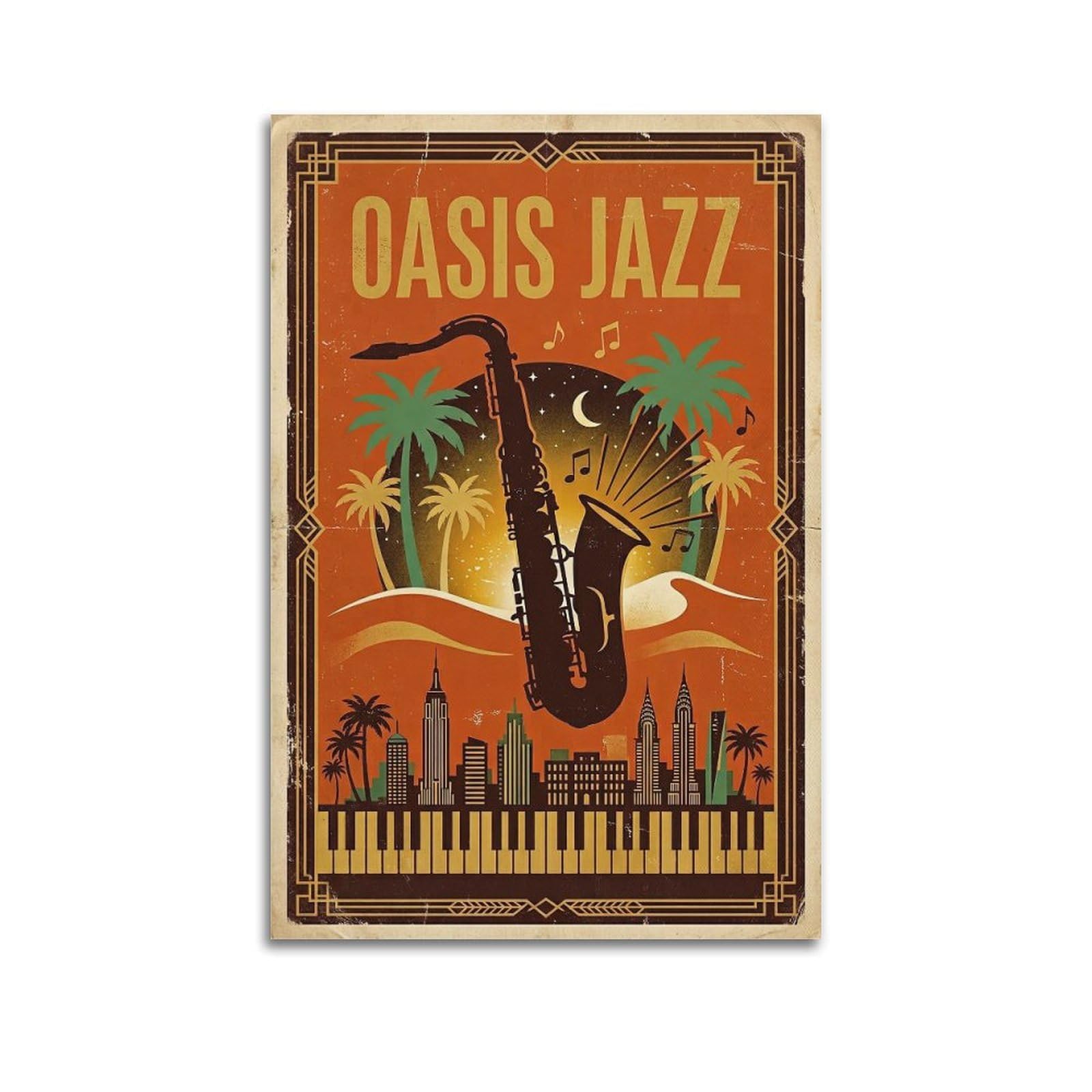OKNGB Vintage Retro Desert Palm Skyline Saxophone Jazz Poster Decorative Painting Canvas Art Picture 20x30inch(50x75cm)