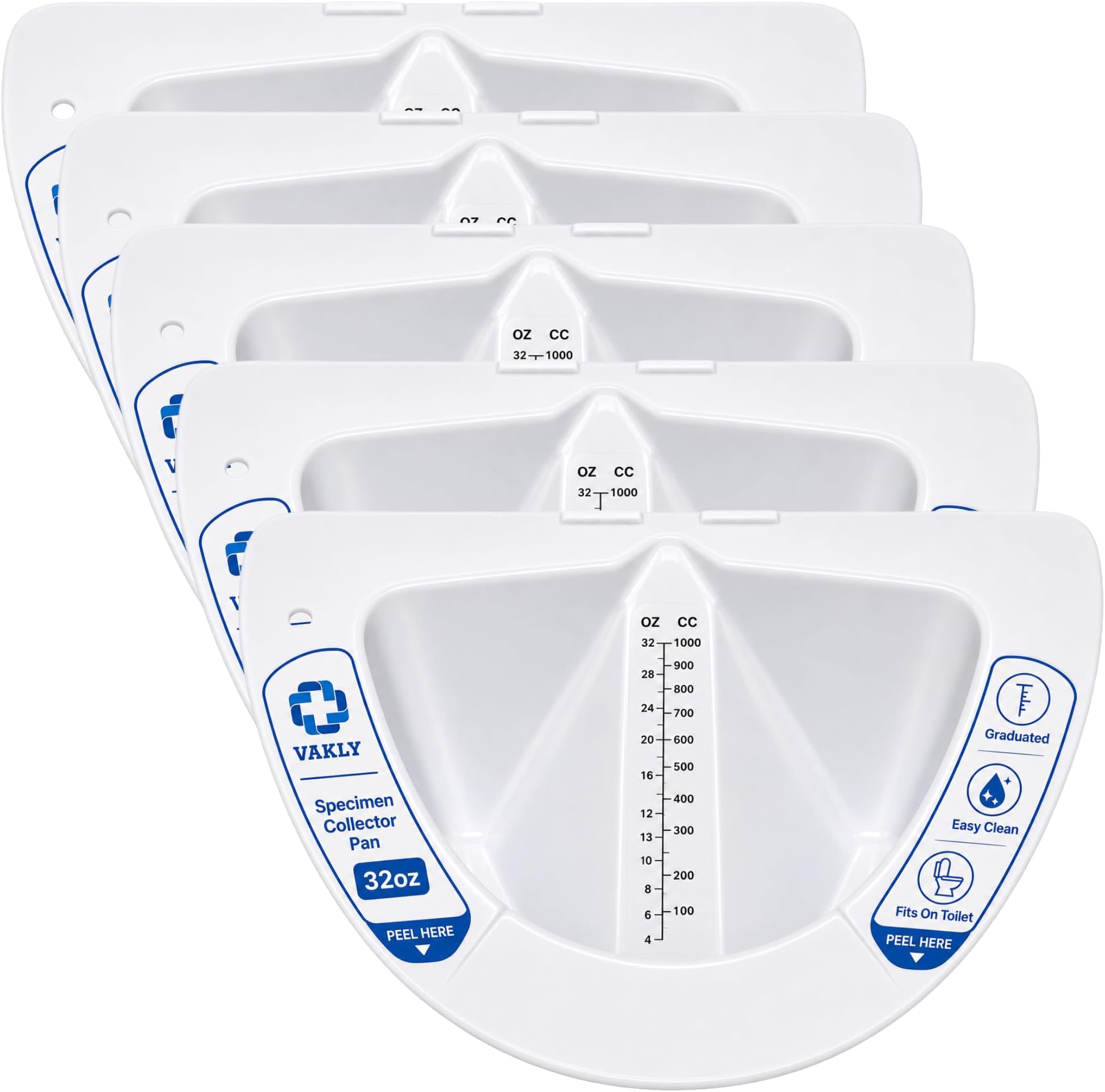 Vakly Specimen Collector Pans 30 oz (Pack of 5) – Graduated Toilet Hat for Urine, Stool & Emesis Collection, Fits Toilets & Commodes for Medical & Home Use