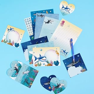 WERNNSAI 69 PCS Shark Kids Stationery Paper and Envelopes Set for Boys | Letter Writing Paper and Envelope Set, Christmas Birthday Gifts for Boys with Cards, Stickers, Ballpoint Pen for School