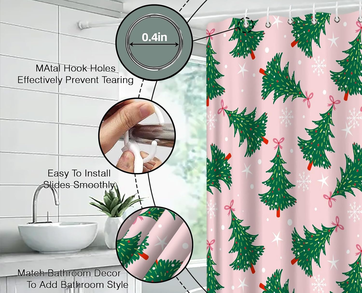 Christmas Tree Shower Curtain Green Winter Xmas Pine Trees Snowflake Bowknot Snow Forest,Pink 70" Wx84 H Fabric Bathroom Decor Curtain with Hooks
