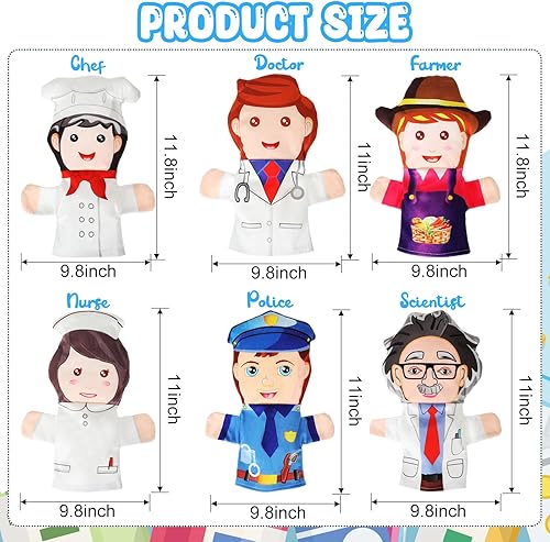 Miniatura 3 de Poen Juego de marionetas de mano de 11.8 pulgadas, juego de marionetas de mano, científico, cocinero, enfermera, oficial de policía, agricultor