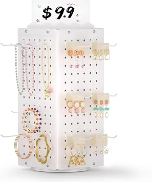 حامل عرض لوحي دوار من Urban Deco 360 مع لافتات، حامل لوحي دوار بأربعة جوانب مع 24 خطافًا لعرض المجوهرات والأقراط وسلسلة المفاتيح لمعارض الحرف اليدوية وفعاليات البائعين باللون الأبيض