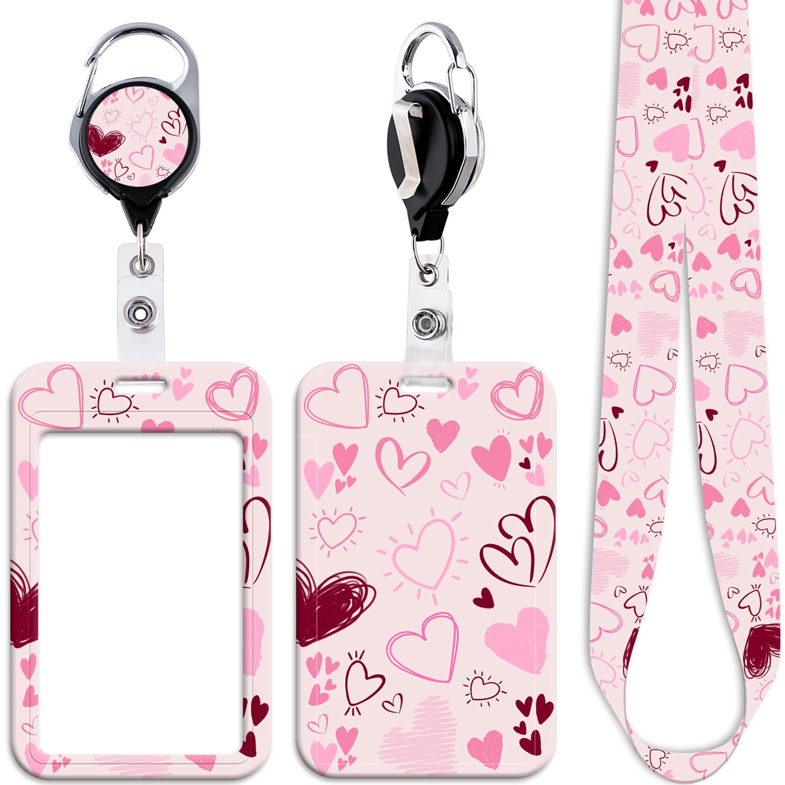 Pink ID Lanyard Card Holder & Love Heart Retractable Badge Reel Clip Cute Neck Lanyard for Keys ID Badges for Women Girls Teachers Keychain Retractable Heavy Duty Badge Holder Reel, for School Work ID — image 1